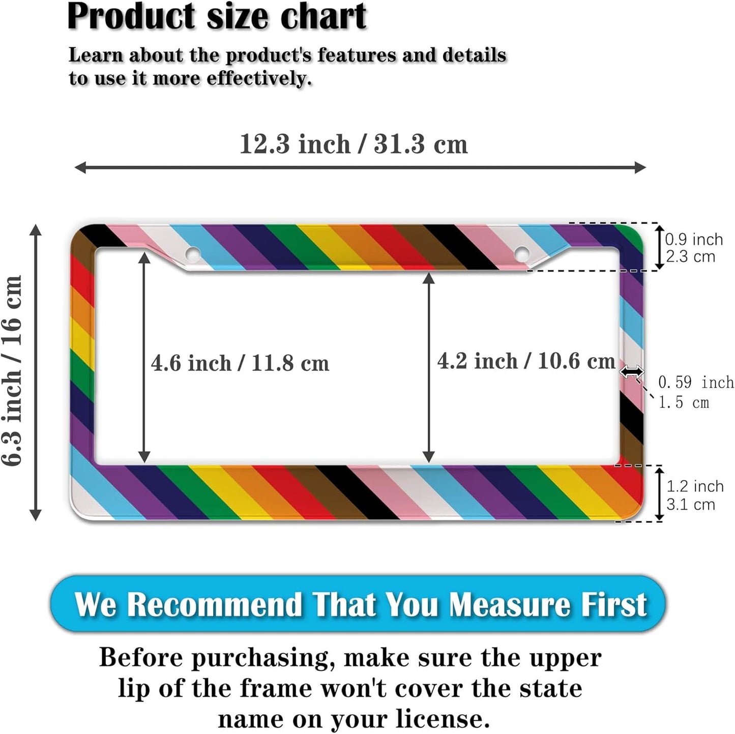 License Plate Frames Rainbow Front License Plate Bracket Rainbow Pride Flag Universal Aluminum Car Accessory 2 Pack with Screw Covers Set