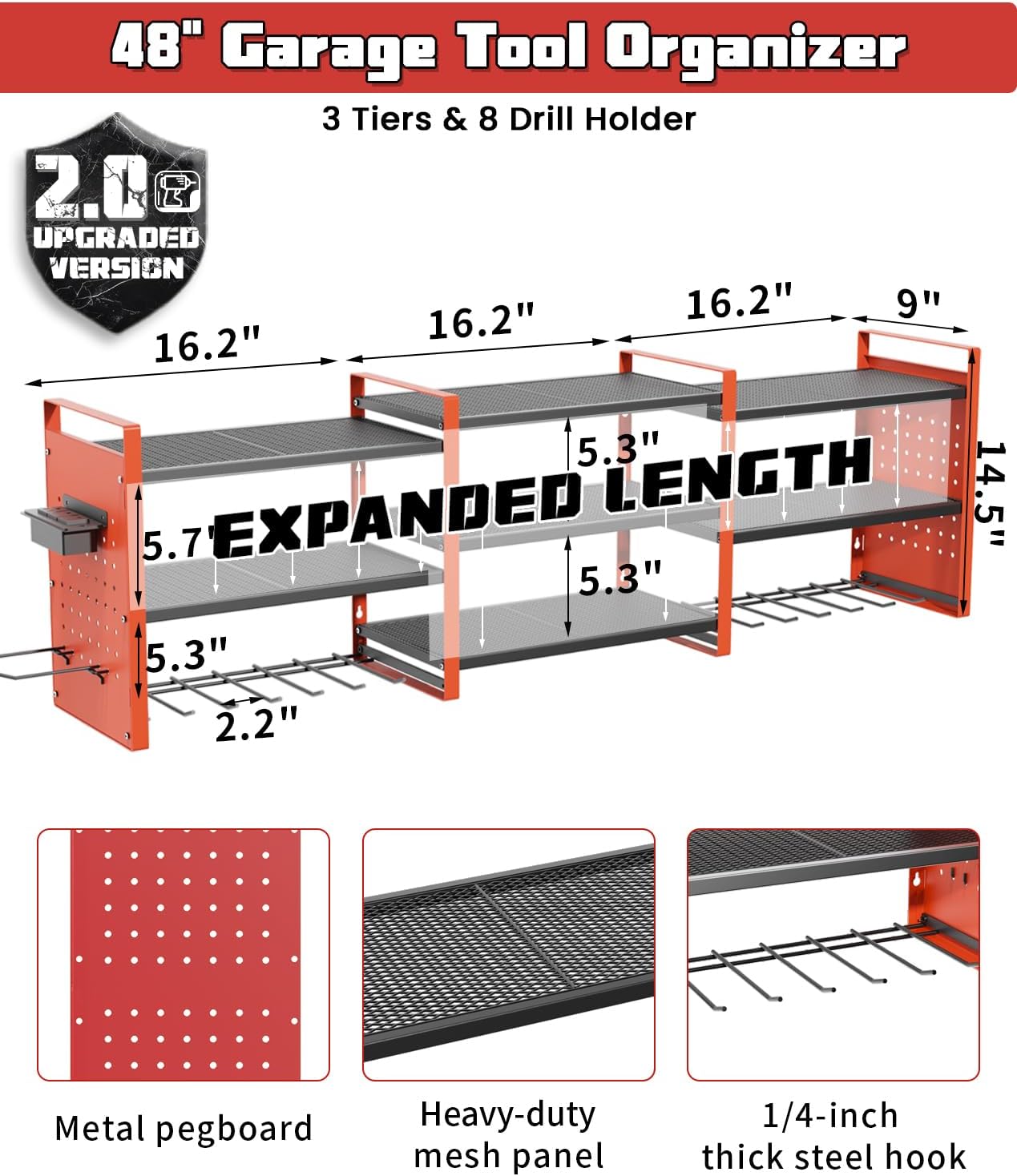 Heavy-Duty 48" Wall Mount Power Tool Organizer with Charging Station – 3-Tier Garage Organization Rack for Drills, Wrenches & Tools – Includes 16 Hooks & Pegboard Sides