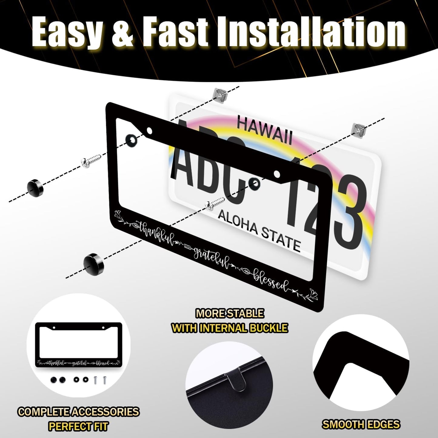 Thankful Grateful Blessed License Plate Frame Christianity License Plate Holder Funny License Plate for Belief Car Decoration Stainless Steel Car Accessory with Screws Men Women 12.3" x 6.3"