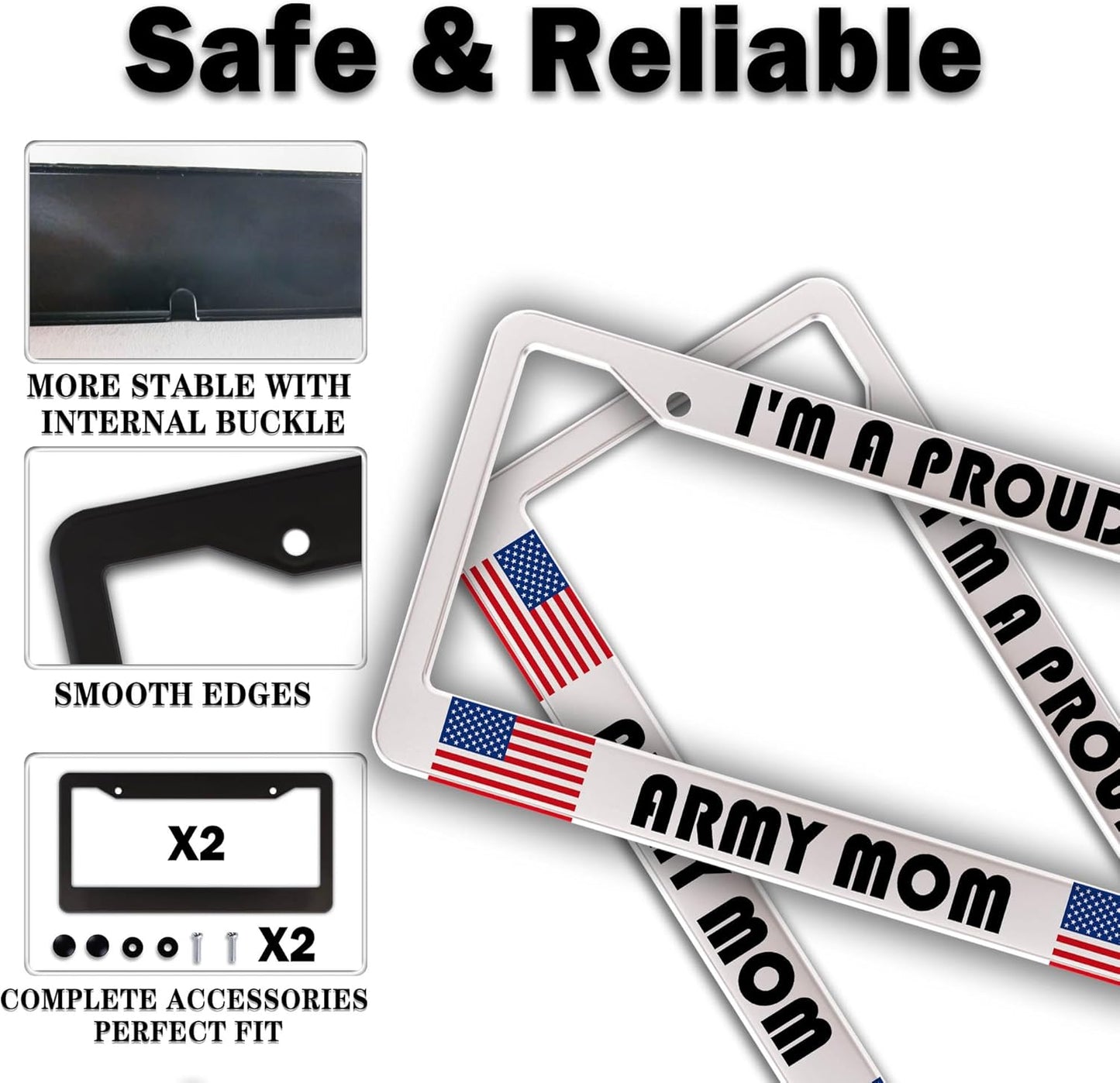 License Plate Frame Holder Black and White License Plate Frames I’m a Proud Army Mom Universal Aluminum Car Accessory 2 Pack with Screw Covers Set