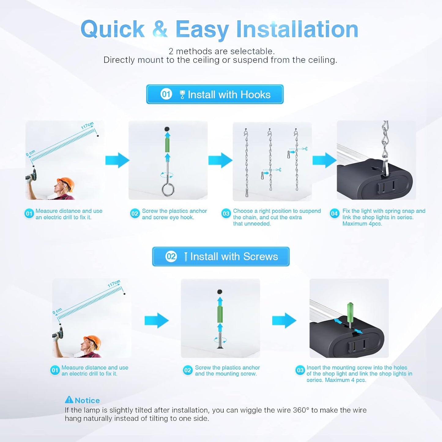 Ensenior 6 Pack Linkable Led Shop Light 4ft for Garage, 4400 High Lumens, 36W Equivalent 280W, 5000K Daylight, 48 Inch Utility Shop led Lights, Surface or Hanging Mount Fixtures, Black, ETL Certified