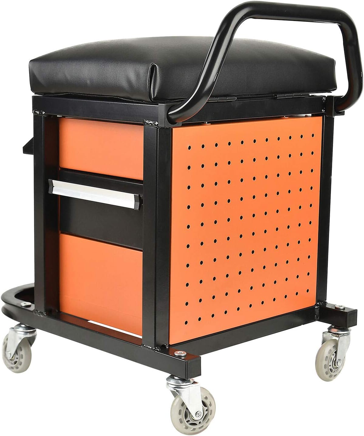 PONO Rolling Workshop Mechanics Creeper Seat with 2 Tool Storage Drawers Under Seat, Screwdriver Bracket, Padded Stool for Mechanic Tools, 300 Pounds Capacity