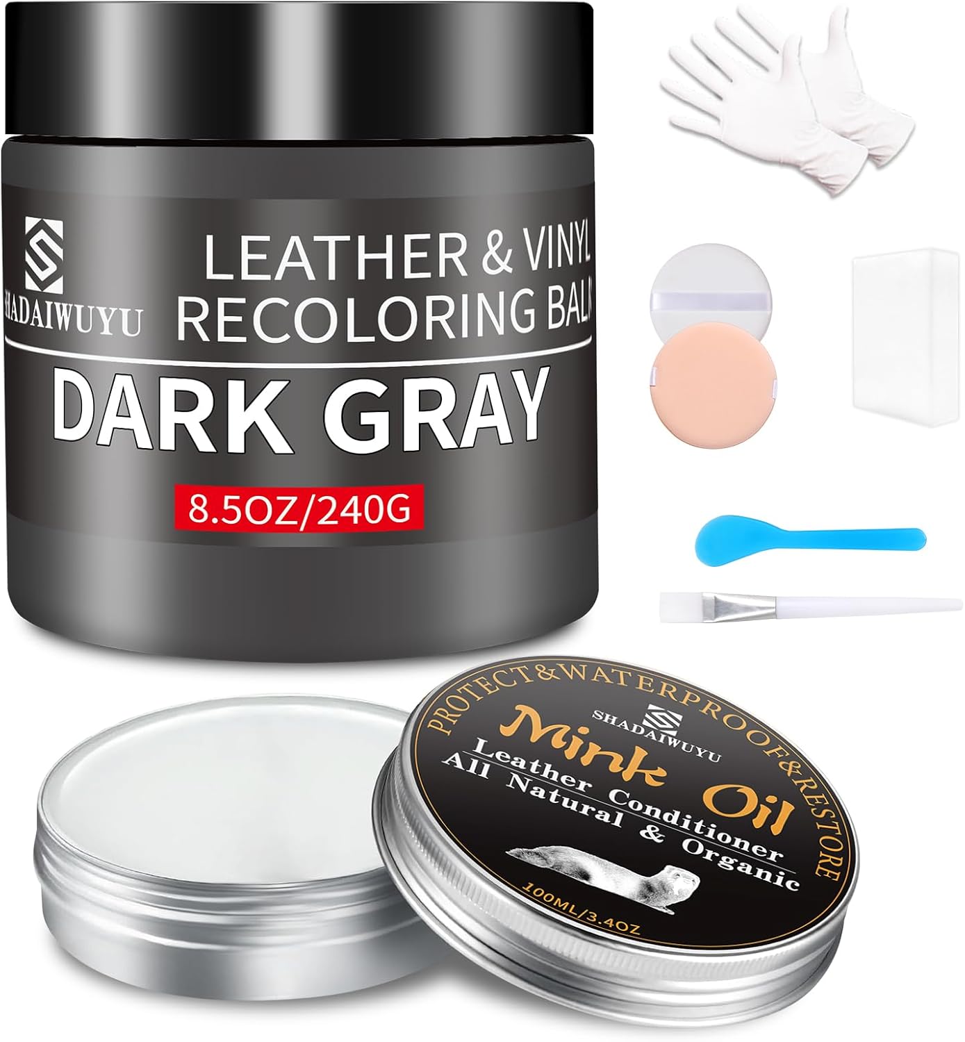 8.5oz Leather Recoloring Balm with 100ml Mink Oil,Dark Gray Leather Repair kit for Furniture and Car Interior,Leather Couch Scratch Repair,Leather Dye Paint,Mink Oil for Leather