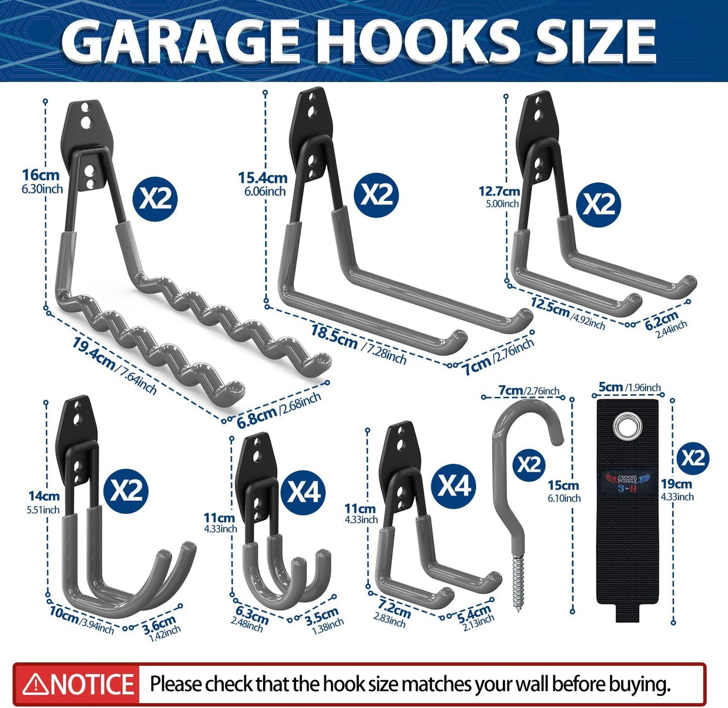 3-H Garage Wall Hooks 20 Pack, Garage Hooks Heavy Duty with Extra Welding Spots, Garage Organizer for Garden, Lawn, Chairs, Ladders, Weed Eater, Shovel(Gray)
