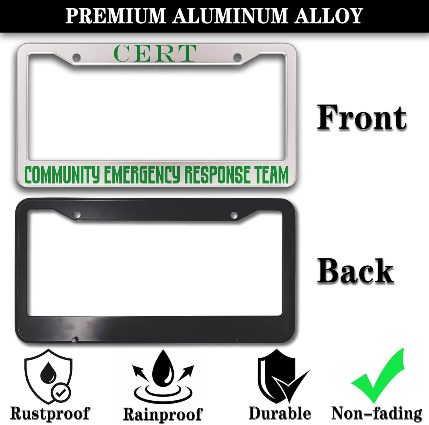 License Plate Frames Black Green Automotive Exterior Accessories Cert Community Emergency Response Team Aluminum Metal Car Accessory 2 Pack with Screw Covers Set