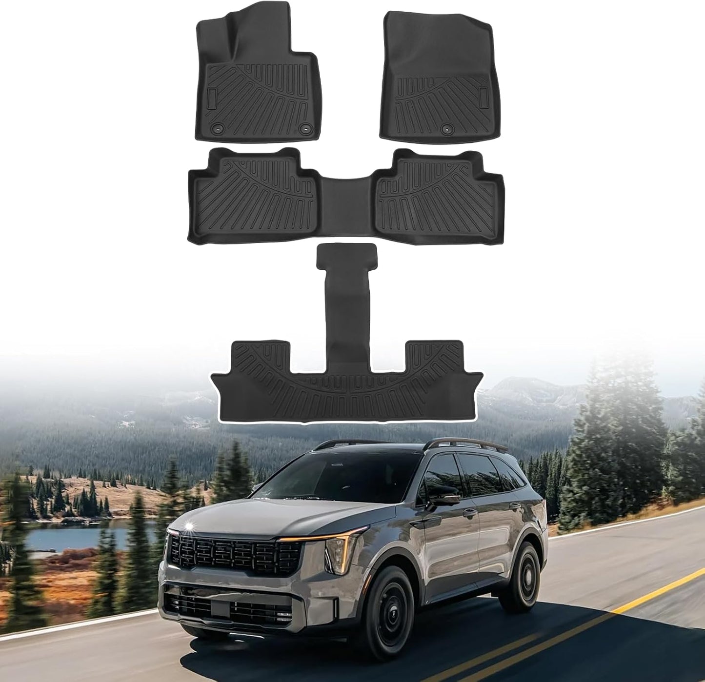 Powerty Floor Mats for 2021-2025 Kia Sorento (Non-Hybrid) Accessories All Weather Floor Liner 3D TPE 1st & 2nd Row Floor Mat Heavy-Duty Floor Liners