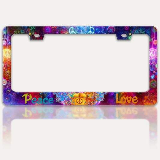 Peace and Love License Plate Frame Peace Symbol License Plate Holders Funny Stainless Steel Auto Accessory Bracket 2 Hole with Screws Universal Us Car License Plate Frames 6x12 Inch for Women Men