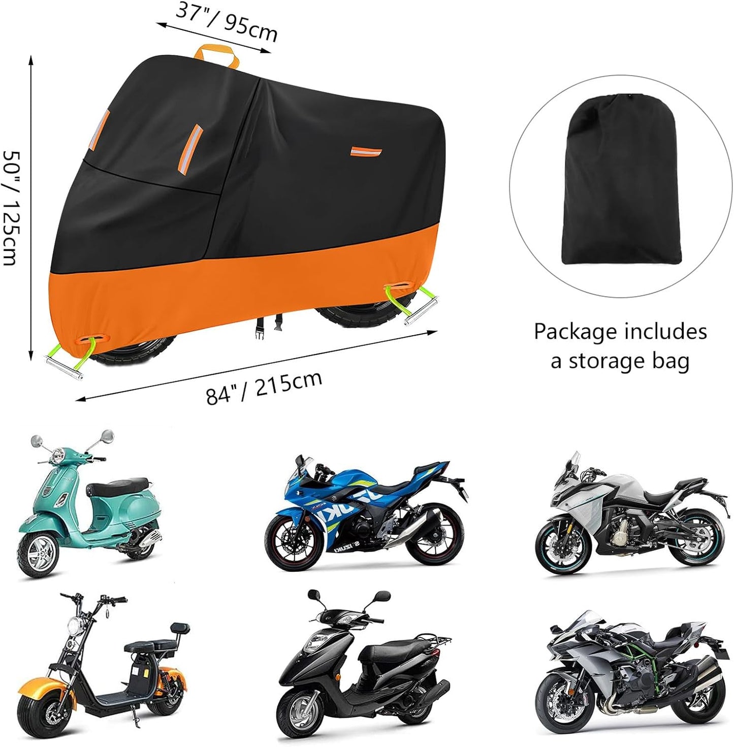 Powersports Vehicle Covers Black & Orange Waterproof Motorcycle Cover with Lock Holes 300D Oxford Heavy Duty Vespa impermeable para Moto Scooter Cover 150cc Waterproof (XL: 82" x 37" x 50")