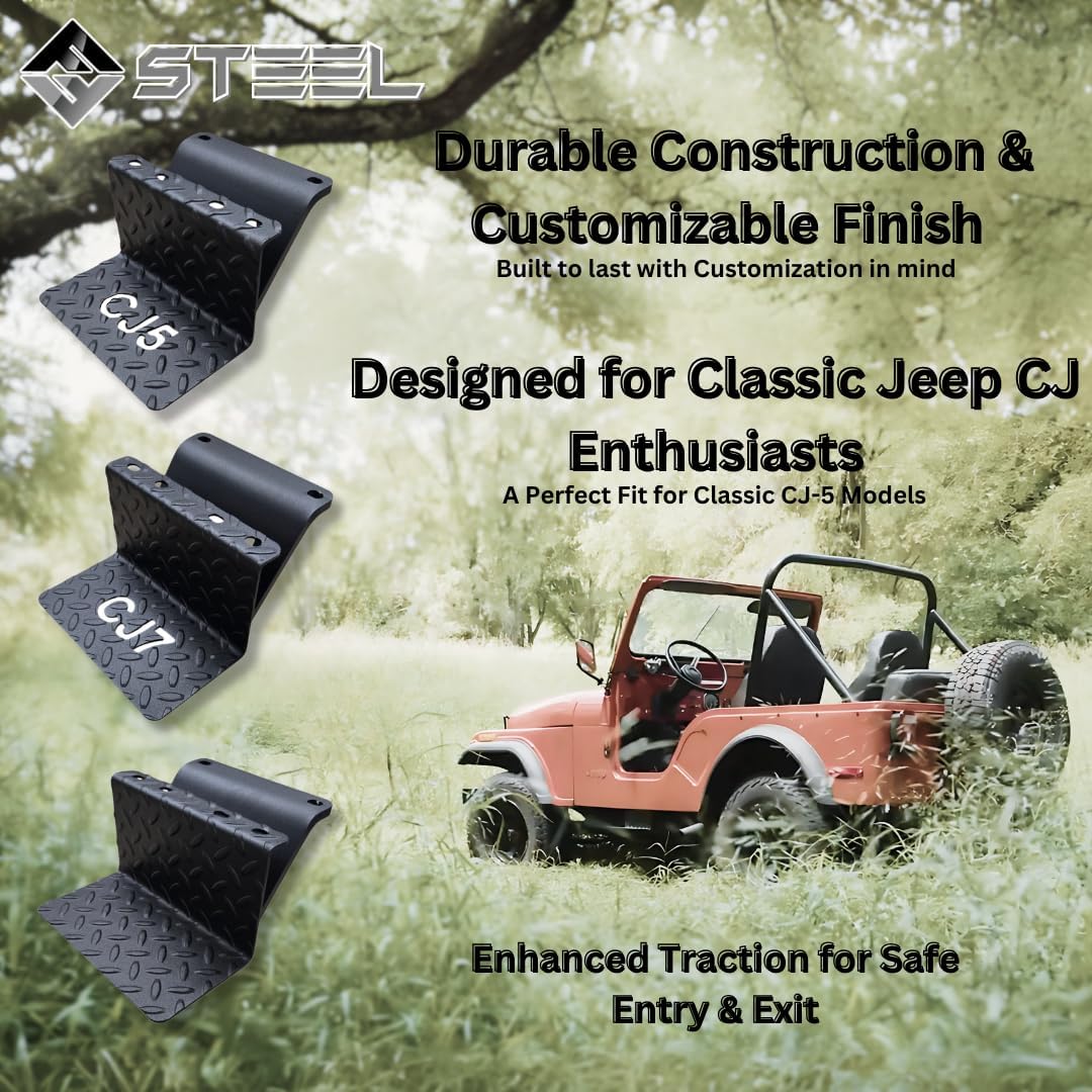 CJ5 Side Steps Compatible with Jeep © CJ Vehicles (Pair) - Solid Steel Construction - Metal Diamond Treadplate Traction Design - Universal Fitment on Classic CJ-5 (CJ7) (CJ7-BLACK)