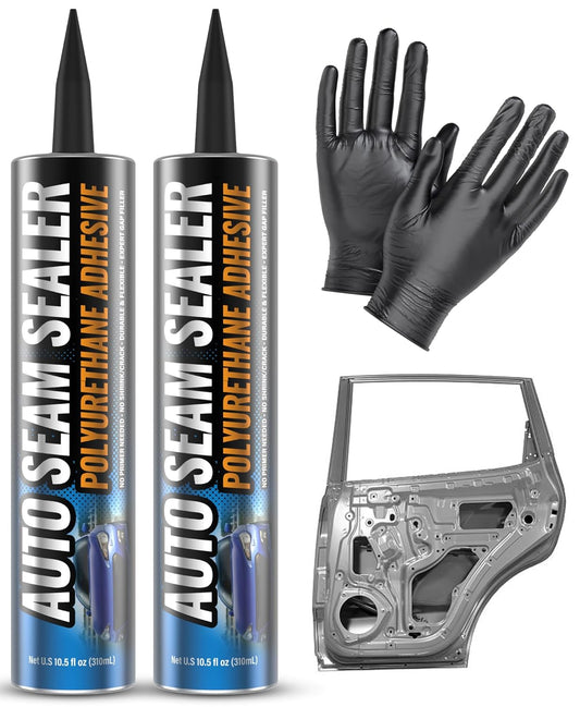 [Black] 2 Pack Professional Automotive Seam Sealer, Paintable Quick-Set Polyurethane Auto Body Seam Sealer for Metal Surfaces of Cars, Trucks, Etc, Includes Gloves & Tip - Black RV Roof Sealant