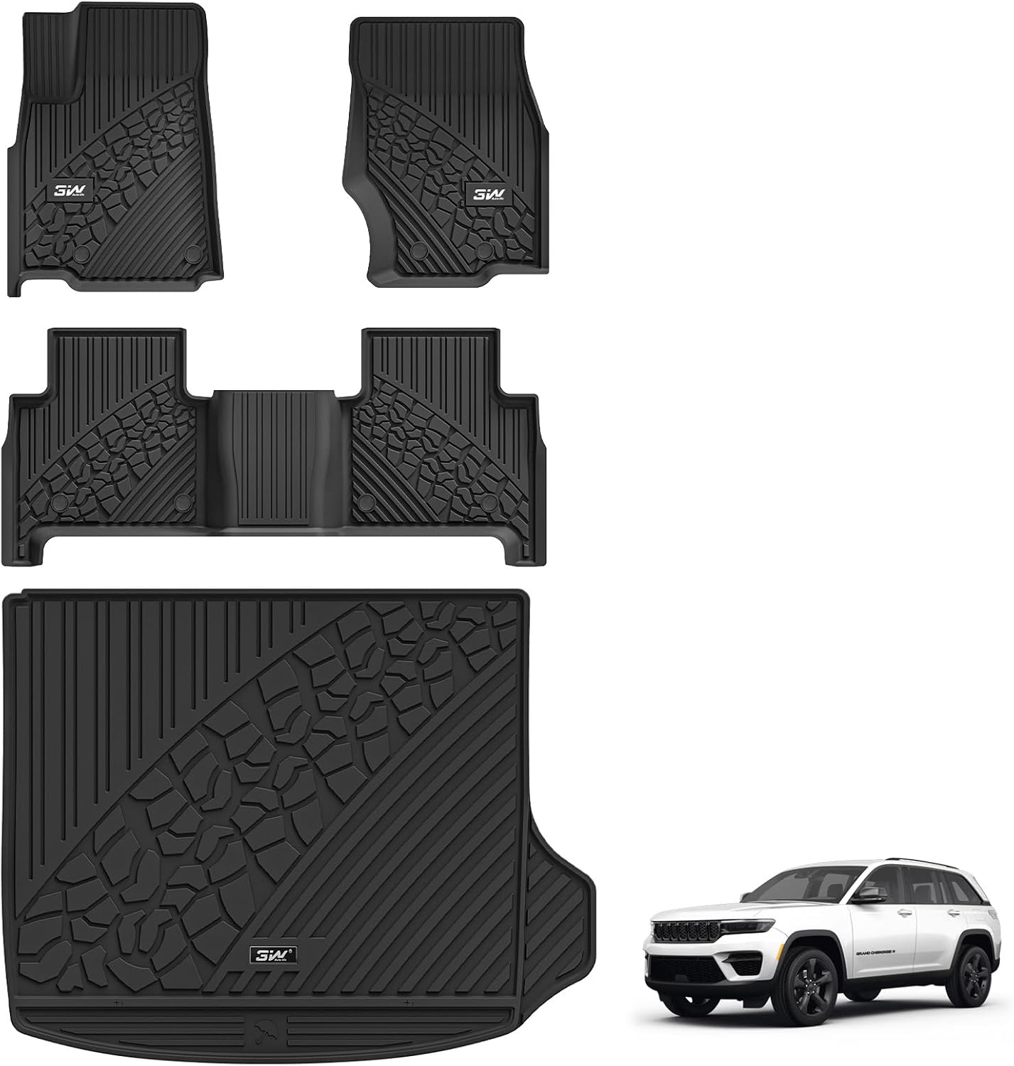 3W Floor Mats & Cargo Liner Fit for Jeep Grand Cherokee (Include 4xe Not L or WK) 2025 2024-2022,TPE All Weather Custom Fit Floor Liners for 1st 2nd Rows and Trunk Full Set Car Mats, Black