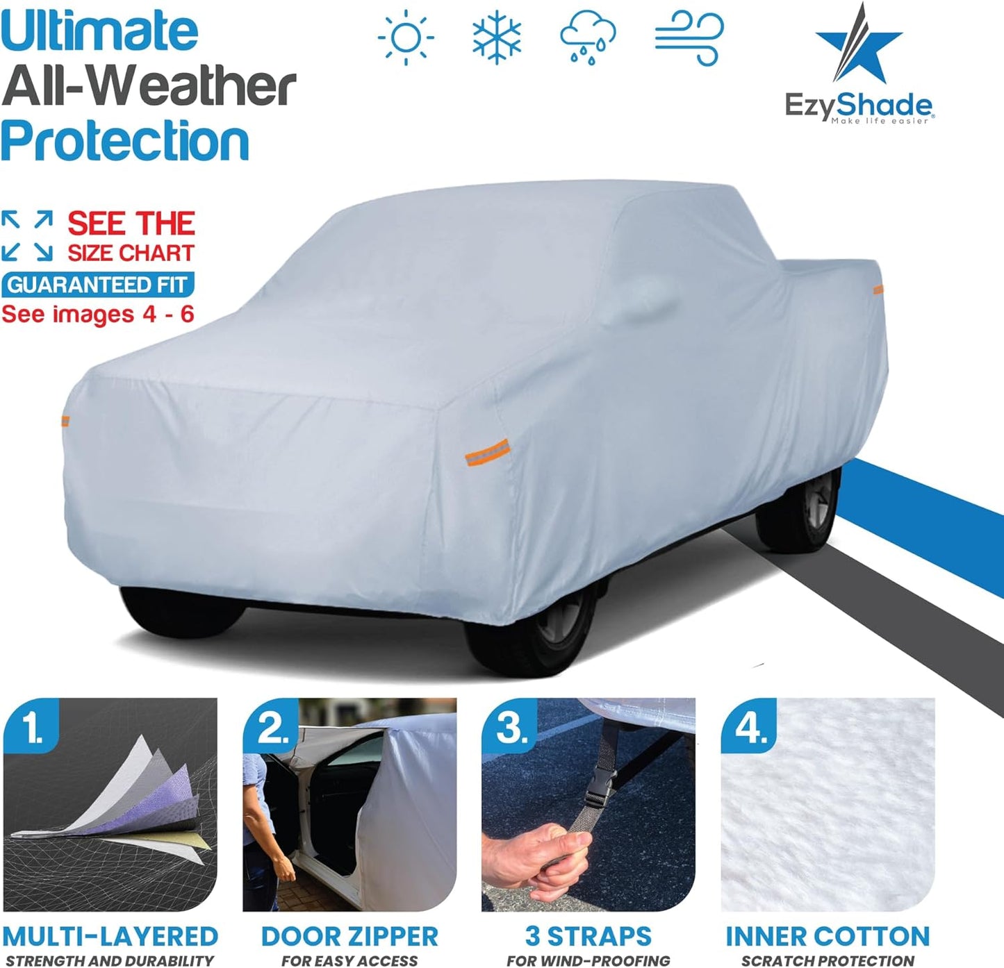 EzyShade 10-Layer Truck Cover Waterproof All Weather. See Vehicle Size-Chart for Accurate Fit. Full Outdoor Pickup Truck Covers for F250 F150 Tundra Titan. Sun Wind Rain. Size T5 (See SizeChart)