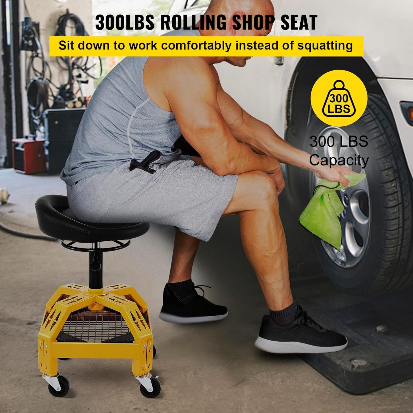 VEVOR Rolling Garage Stool, 300LBS Capacity, Adjustable Height from 24 in to 28.7 in, Mechanic Seat with 360-degree Swivel Wheels and Tool Tray, for Workshop, Auto Repair Shop, Yellow