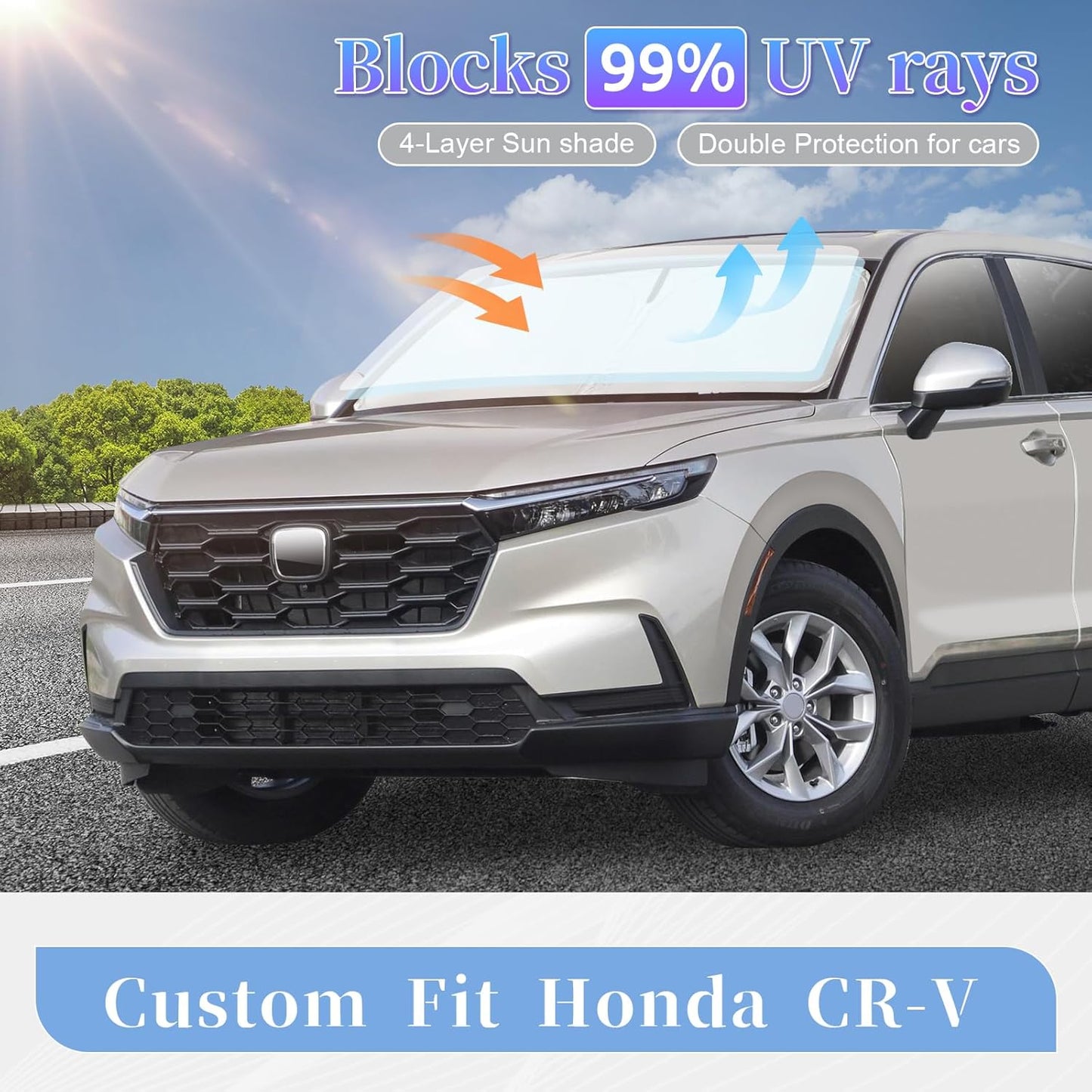 Car Windshield Sun Shade for Honda CRV 2023 2024 2025 2026, 4-Layer Front Window Shade Cover Protector Custom Fit CR-V SUV Accessories Sun Visor Screen 240T Retractable Sunshade Blocks UV Rays
