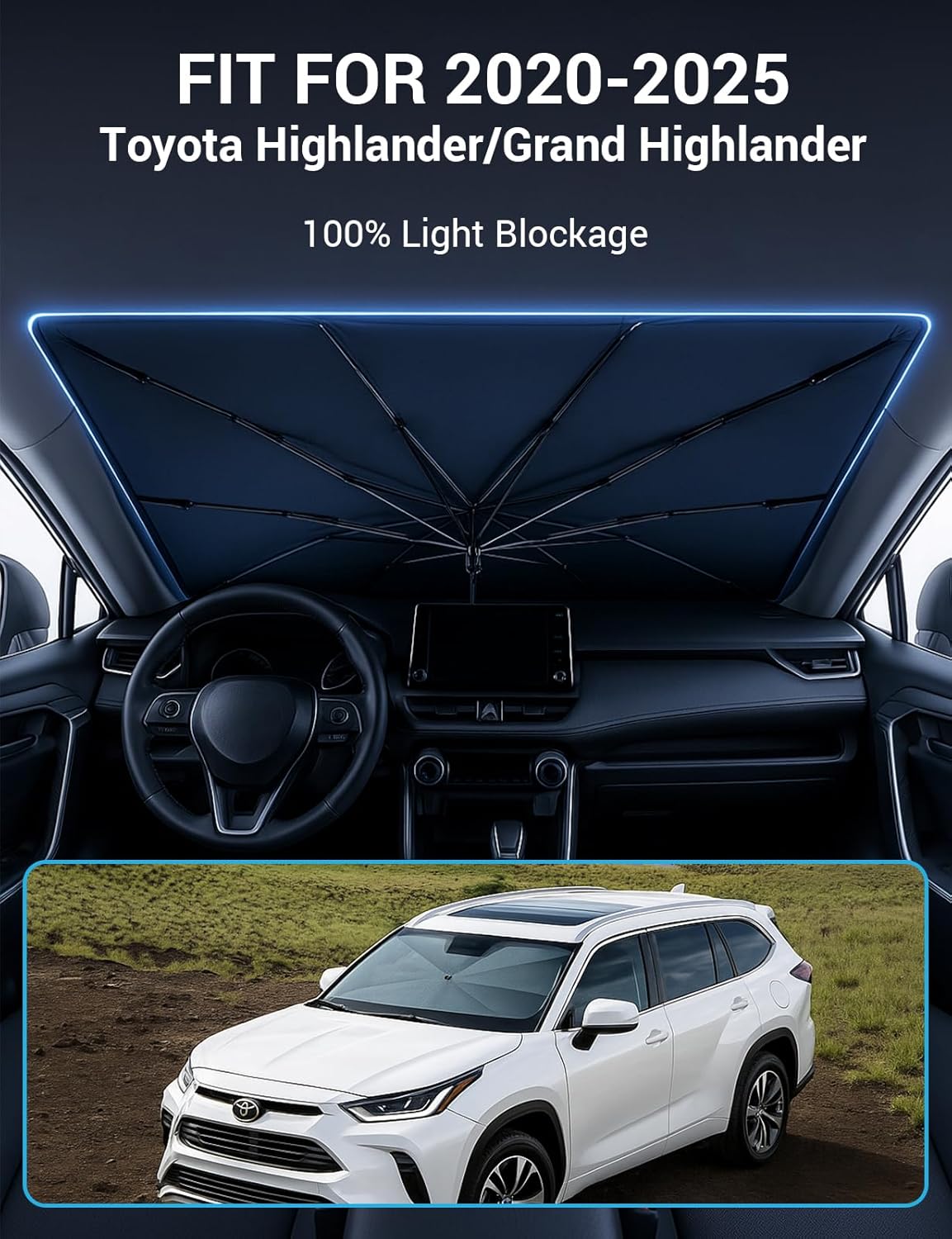 Proadsy Windshield Sun Shade Umbrella for Toyota Grand Highlander 2020-2026 Foldable Car Umbrella Sunshade with Soft TPU Handle Spring Structure Crystal Cooling Material Protect Car from Rays & Heat