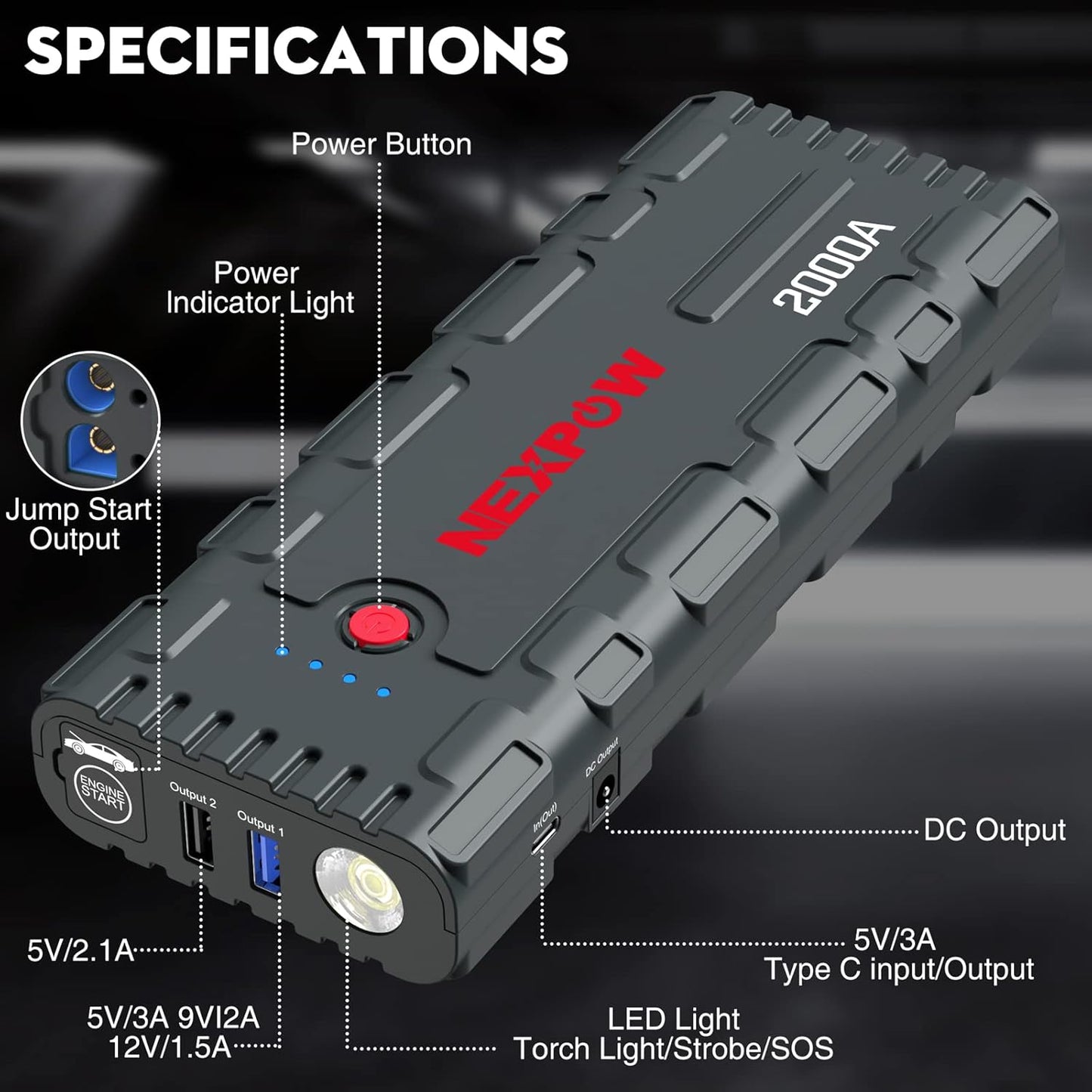 NEXPOW 2000A Peak Car Jump Starter with USB Quick Charge 3.0 (Up to 7.0L Gas or 6.5L Diesel Engine), 12V Portable Jump Box, Battery Booster with Built-in LED Light