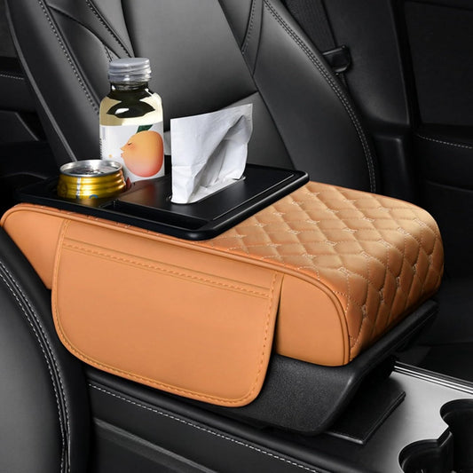 Center Console Cover Organizer, 5-In-1 Arm Rest Cover for Car with Cup Holder & Storage Pocket & Tissue Holder, Armrest Cover Cushion Pad, Grid, Orange