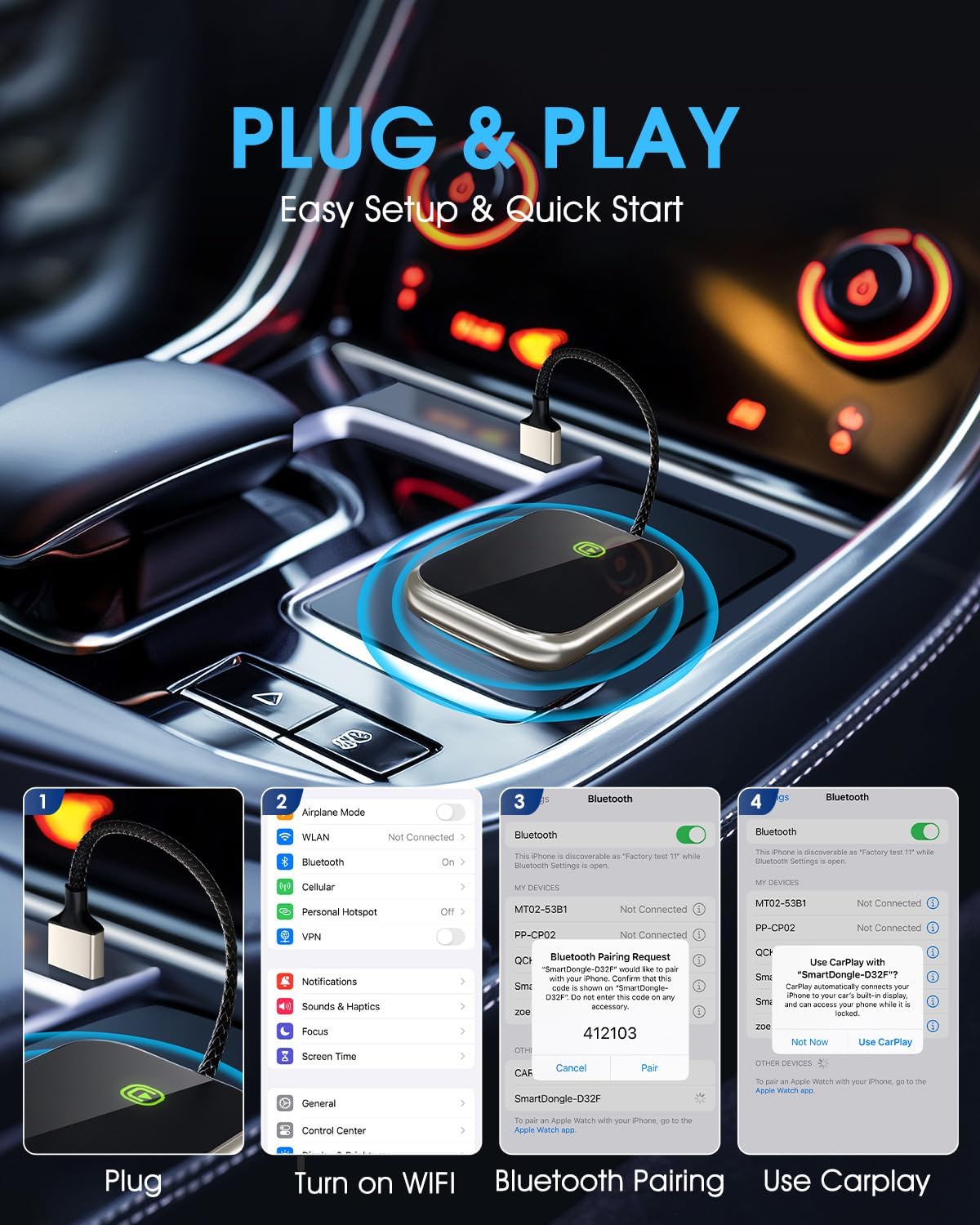 Wireless CarPlay Adapter - Fast & Stable Connection for Carplay Wireless Adapter Convert Factory Wired to Wireless CarPlay Dongle Plug & Play Car Play Fit for iPhone iOS 10+ (Gold)