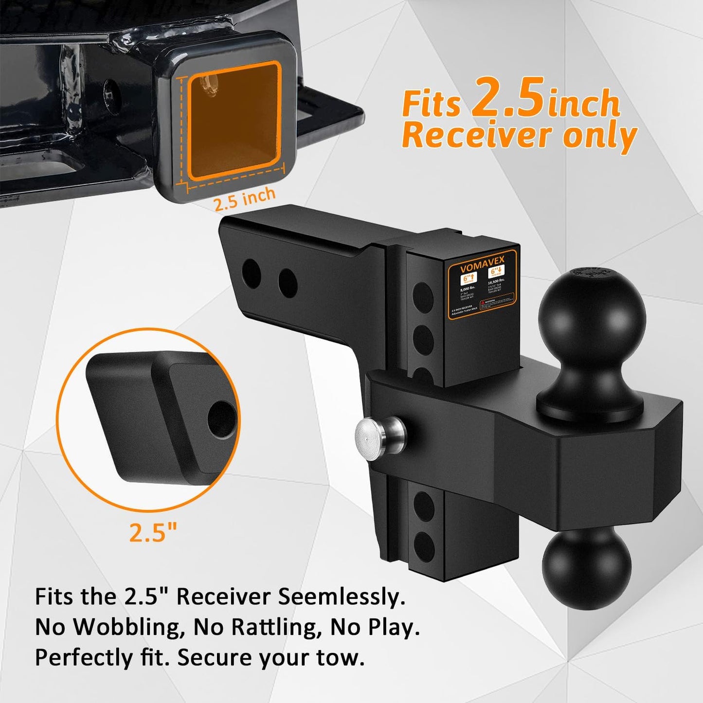 Adjustable Trailer Hitch-Drop Hitch Fits 2.5-Inch Receiver -6" Drop/Rise Tow Hitch with 2" and 2-5/16" Tow Balls-18,500GTW with Double Anti-Theft Pins Locks (Black+Black)