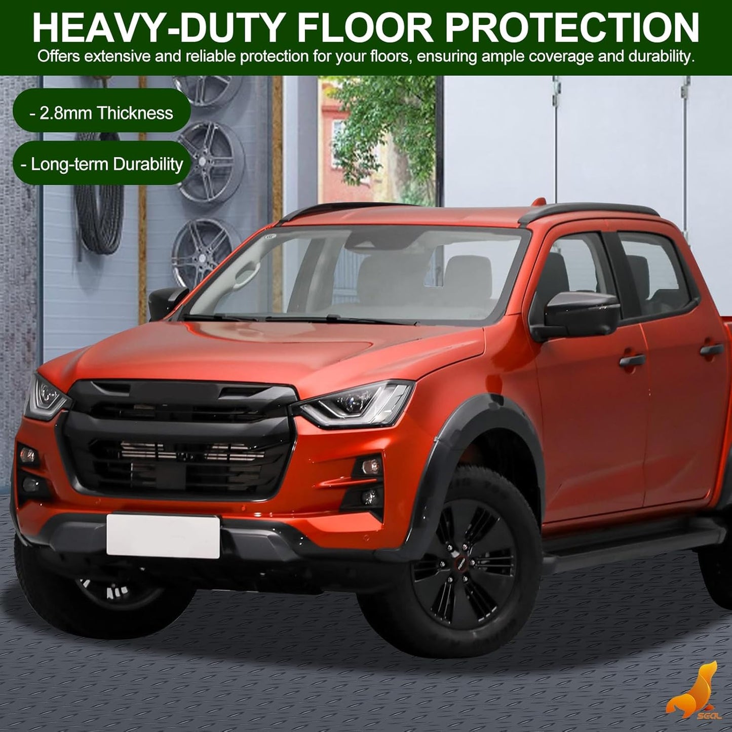 SEAL 5 x 20 Ft Premium Garage Floor Mat, Solid 2.8mm Thick Gray Commercial Grade Heavy Duty Parking Mat for Garage Floor, Golf Cart Parking, Water/Stain Resistant Floor Runner (Embossed Diamond Plate)