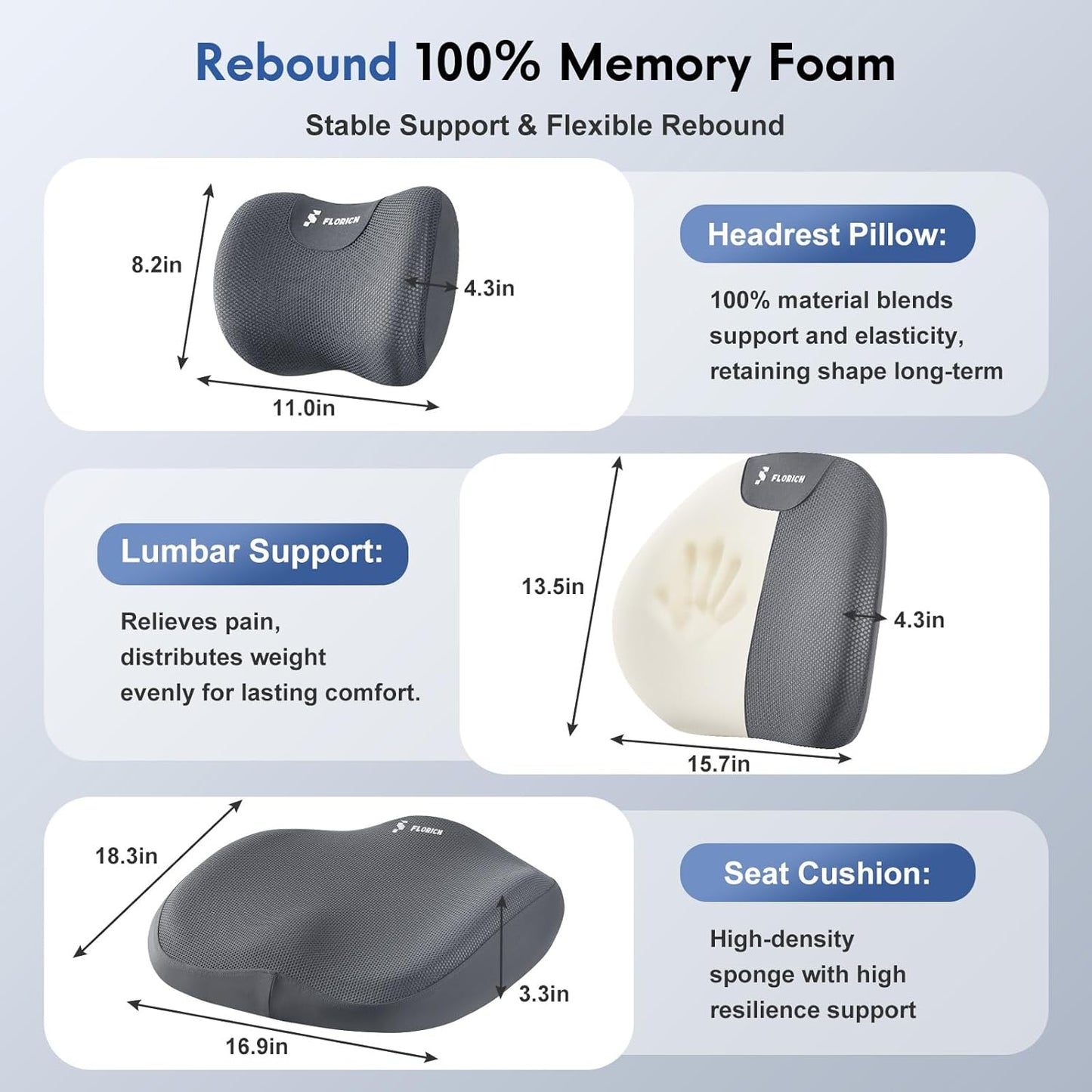 FLORICH Seat Cushion and Lumbar Support Pillow for Office Chair Car, Car Neck Pillow, Ergonomic Memory Foam Back Support for Office Gaming Chair Wheelchair, Relieves Neck, Back & Sciatica Pain – Gray