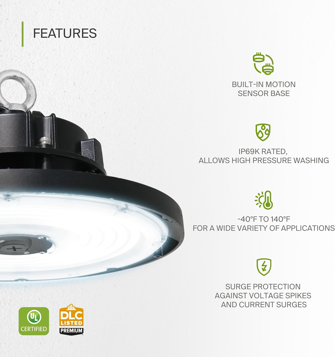ASD LED High Bay UFO Light Fixture, Commercial Shop Lighting | Dimmable, IP69K Waterproof, DLC Premium, UL Listed | 150W 22000LM 5000K 277-480V | Warehouse, Garage, Workshop, Barn Lamp | Black