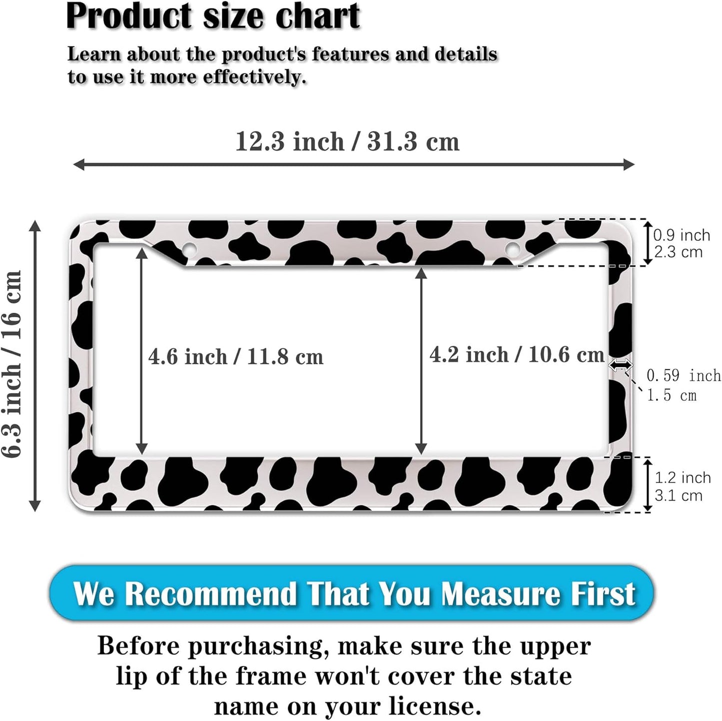 License Plate Frames Black and White License Plate Frame Animal Cow Print White Black Spot Design Universal Aluminum Car Accessory 2 Pack with Screw Covers Set