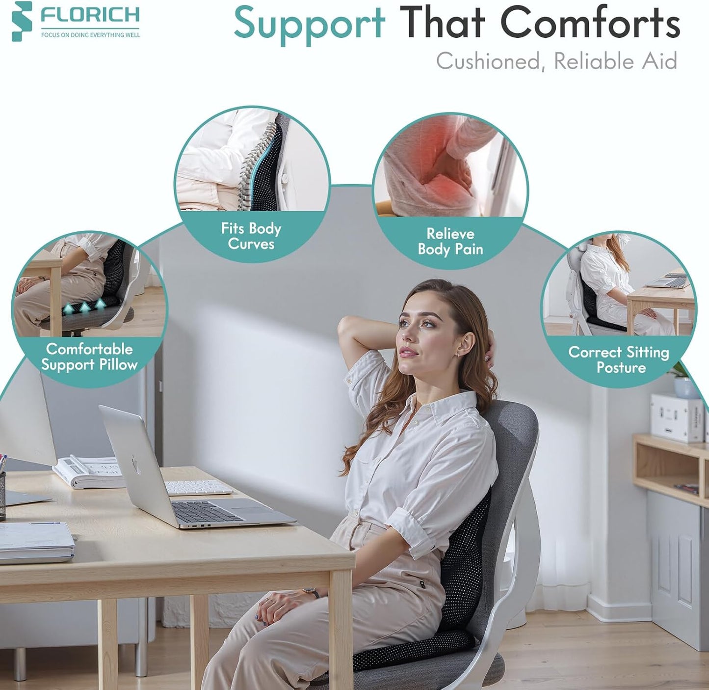 FLORICH Car Seat Cushion and Lumbar Support Pillow for Office Chair Car, Ergonomic Memory Foam, Relieves Back Sciatica Pain, Pressure-Relieving Back Support for Car, Office Chair & Wheelchair – Black