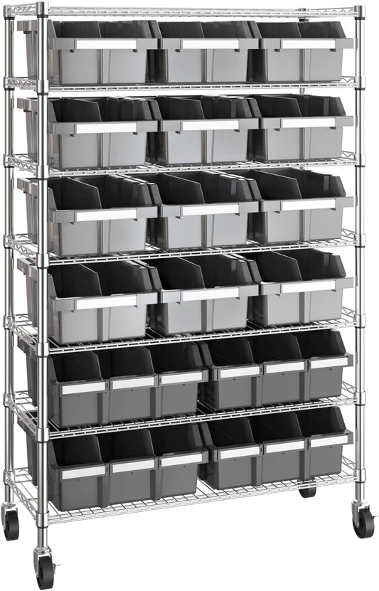 Seville Classics Heavy Duty NSF Bin Rack Solid Steel Wire Shelving Storage Unit, Patented Organizer for Garage, Warehouse, Office, Restaurant, Classroom, Kitchen, Gray, Includes 16 Bins