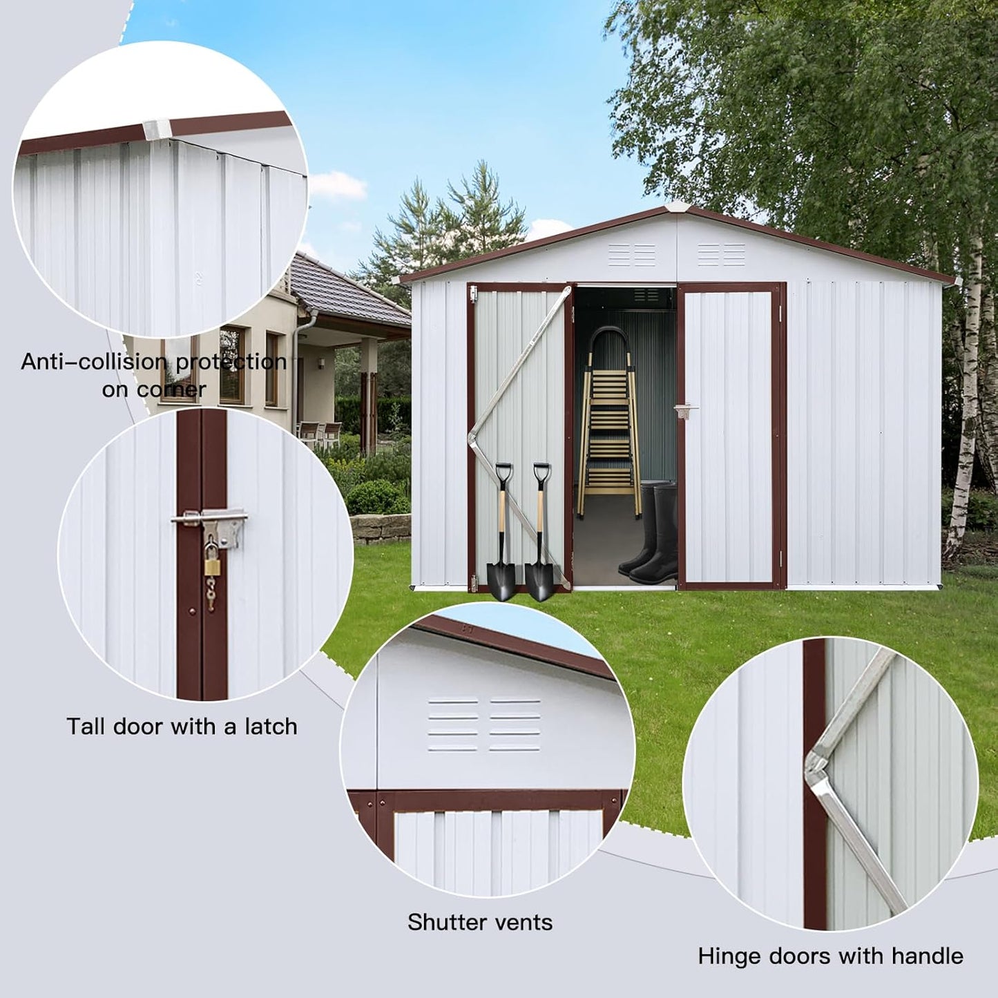 12 x 10 FT Metal Garden Shed, Outdoor Storage Shed with Heavy-Duty Steel Construction, Built-in Punched Vents & Hinged Door, Free Padlock for Secure Backyard, Patio & Garage Storage, White + Coffee