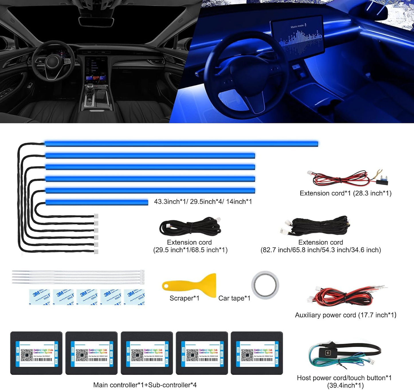 Acrylic Interior Car LED Strip Light with Wireless APP, RGB 6 in 1 with 175 inches 600 LEDs Fiber Optic Car Ambient Lighting Kits, 16 Million Colors Sound Active Function LED Strip for Car