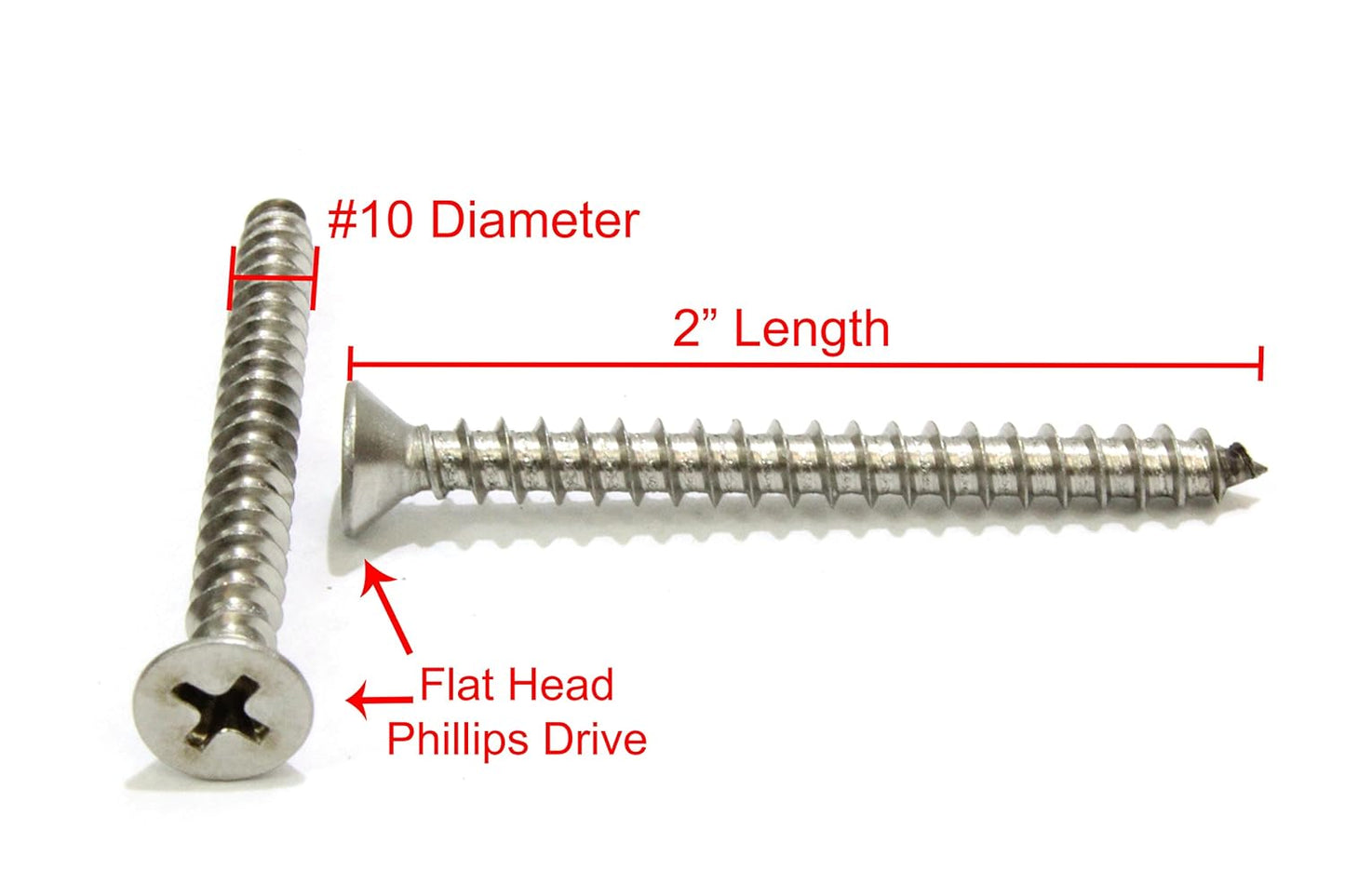 Bolt Dropper #10 X 2'' Stainless Steel Flat Head Phillips Wood Screw, (100 pc), 18-8 (304) Stainless Steel Sheet Metal Screws - Type A Point, Plain Finish