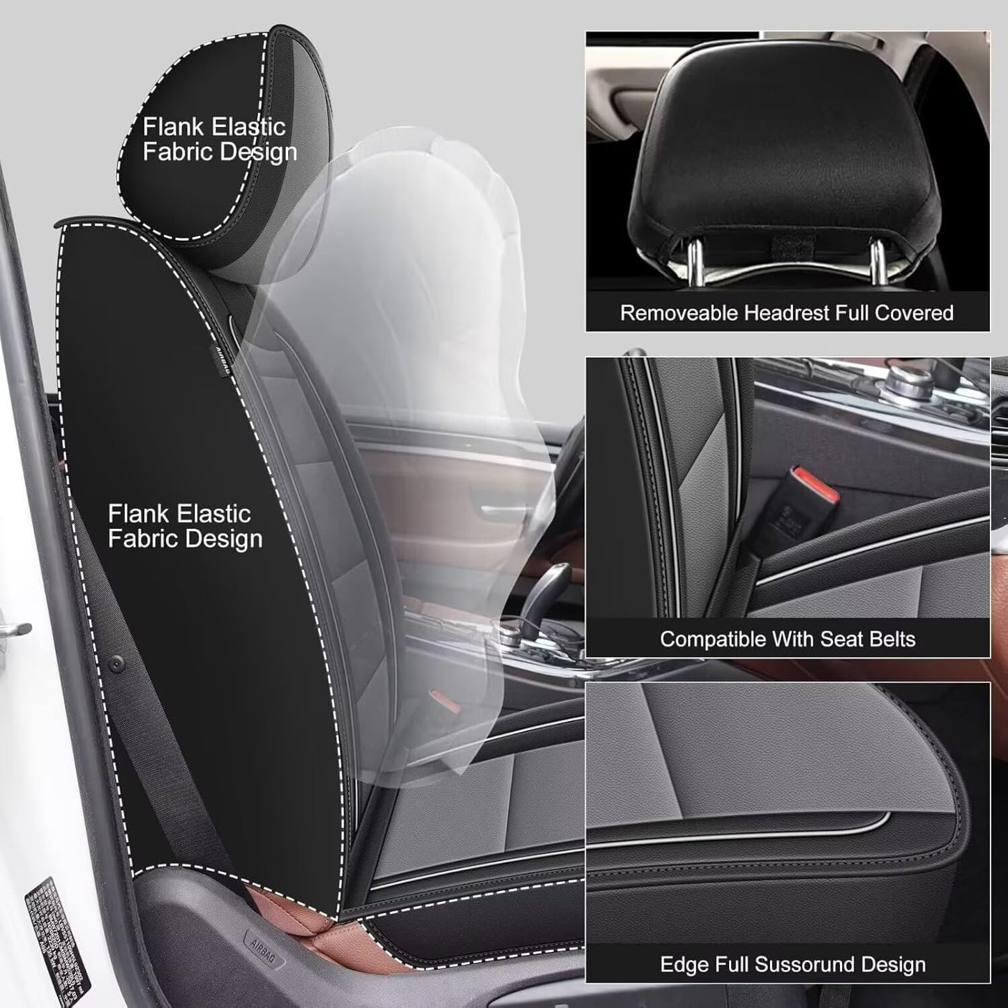 YORKNEIC Leather Car Seat Covers Fit for Hyundai Kona 2018-2025: 5 Seats Full Set Seat Covers - Waterproof Auto Seat Protector Compatible Airbag (Black&Grey)