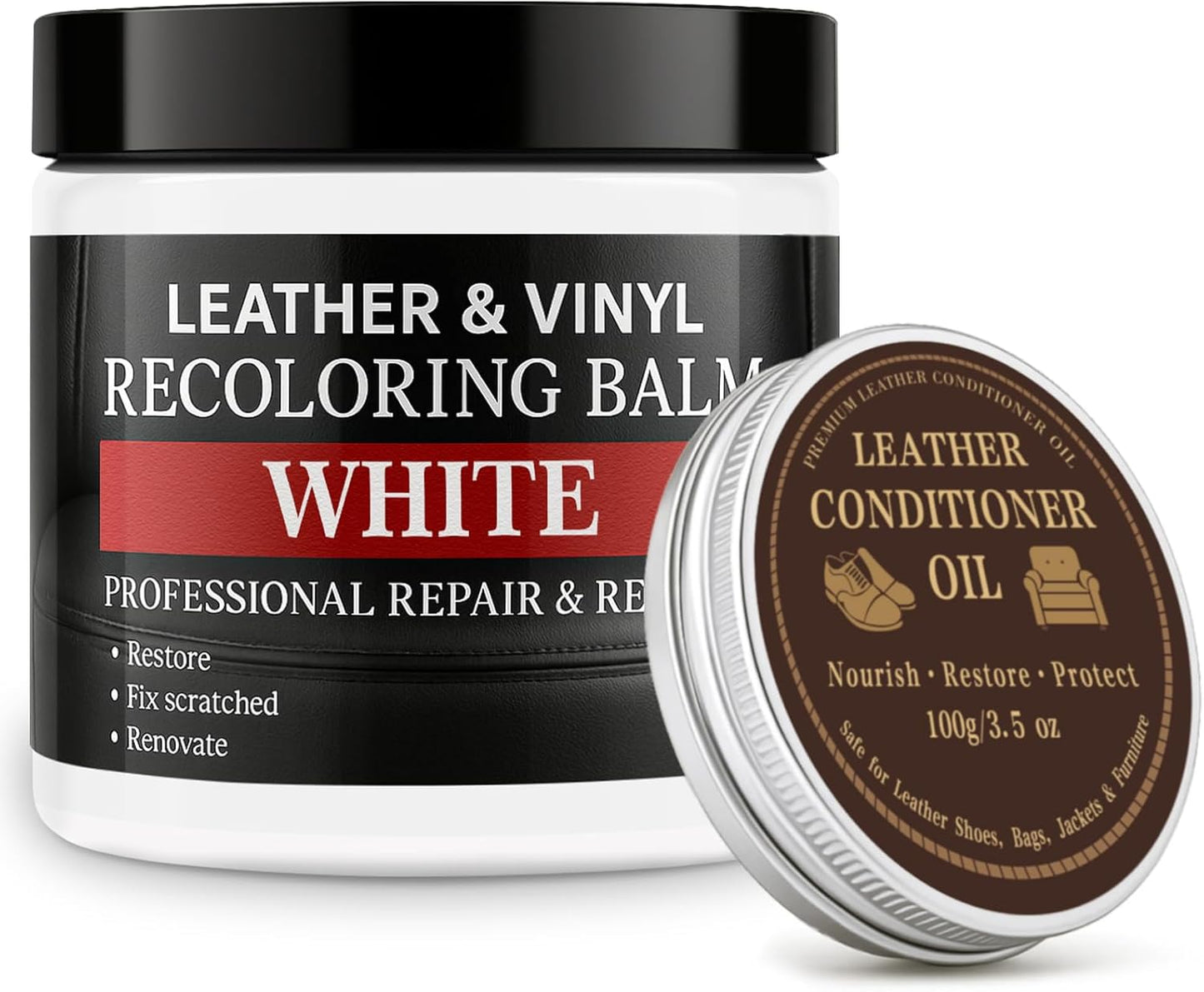Leather Color Restorer, Leather Recoloring Balm, Scratch Remover, Leather Dye, Leather Paint with Leather Conditioner, Leather Repair Kit for Furniture Couches Car Seats Shoes, White