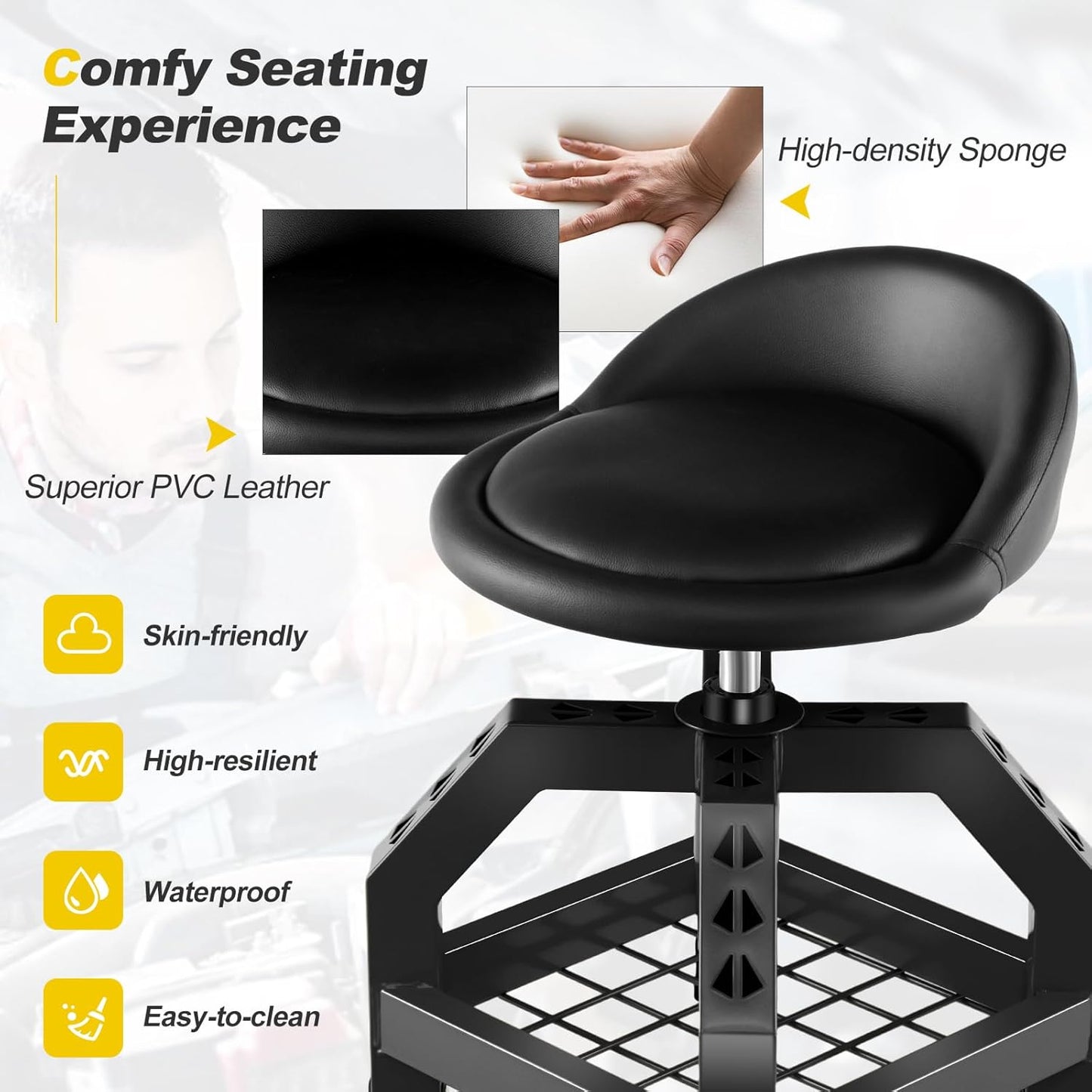 Goplus Rolling Garage Stool, 22.5”-27.5” Adjustable Mechanic Chair with Padded Seat, 330LBS Capacity, Tool Tray, Heavy Duty Creeper Seat, 360° Swivel Shop Stool for Workshop