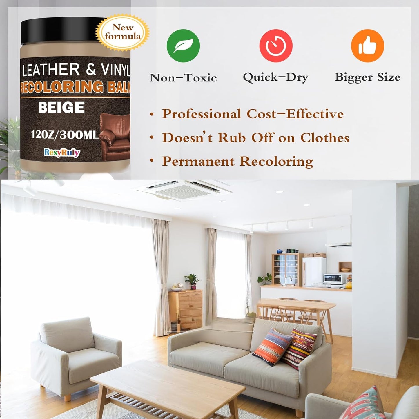 Beige Leather Repair Kit for Furniture Vinyl Car Interior Steering Wheel Car Seats Color Restorer Cream Leather Recoloring Balm Fade Better Couch Conditioner Scratch Stain Remover Dye Paint Sofa