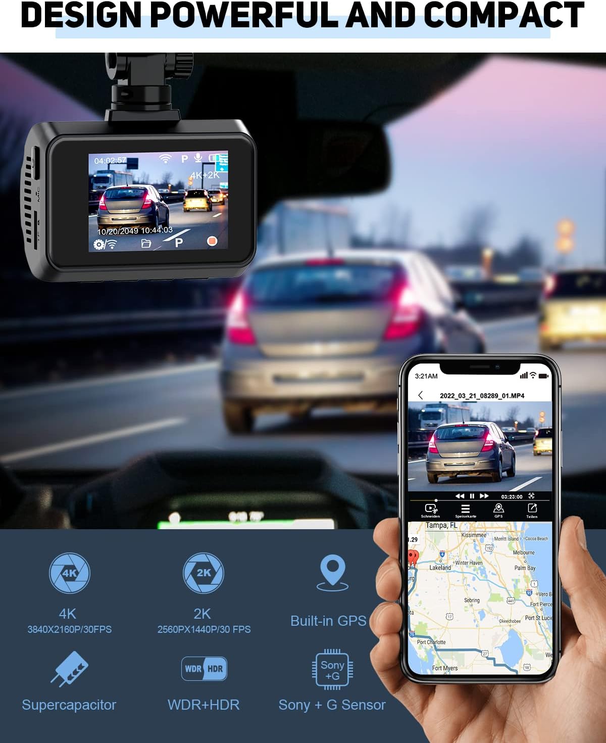 4K Dash Cam Front and Rear, Car Dash Camera Built-in WiFi GPS, Free 64GB Card, UHD 2160P Night Vision, WDR, 170°Wide Angle, WDR, 24H Parking Monitor