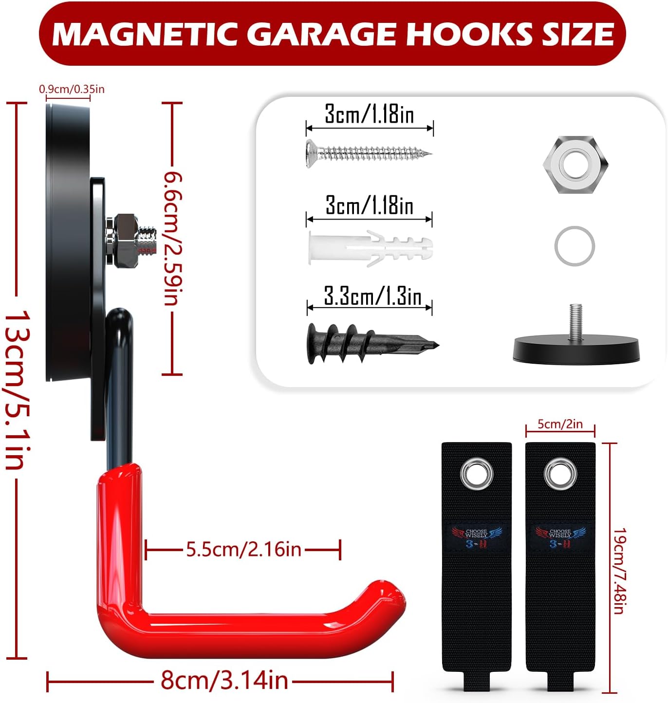 3-H Heavy Duty Magnet Garage Hooks 4 Pack, Large Strong Magnetic Hooks for Hanging Cordless Power Drill, Utility Magnetic Tool Holder for Metal Cabinet, Steel Pegboard, Toolbox, Garage(Red)