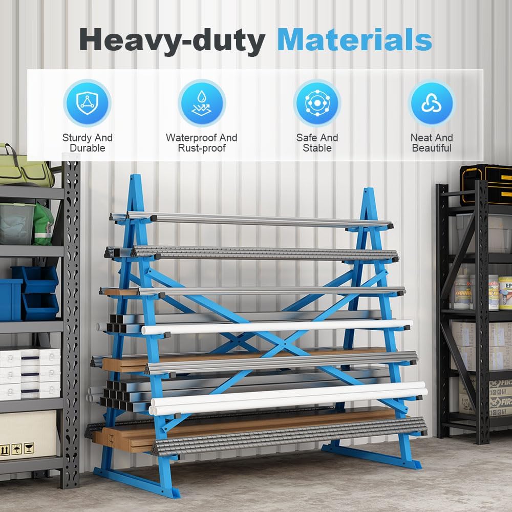 Yeeoy Steel Horizontal Storage Rack, 7 Tier Detachable Lumber Storage Rack, Heavy Duty Adjustable Pipe Rack Lumber Organizer Shelf for Garage Workshop Shed Basement, Blue