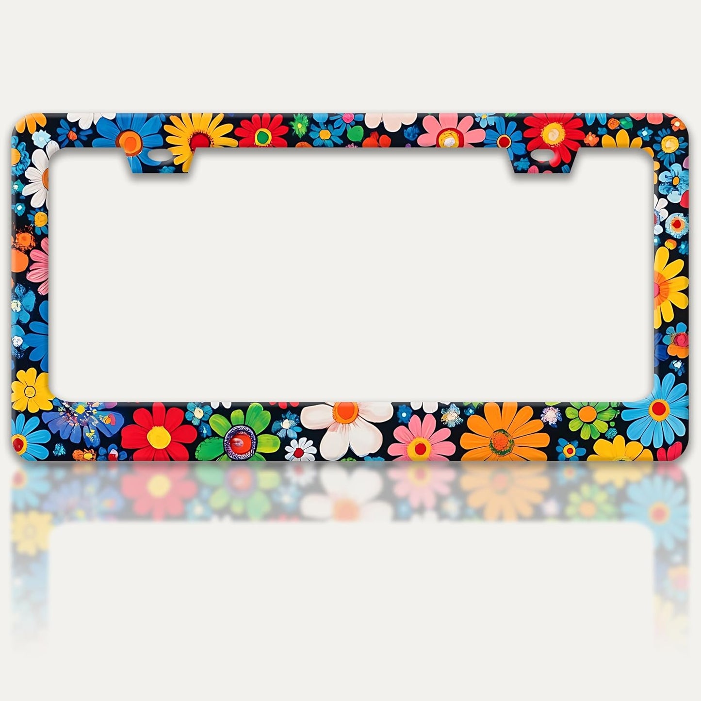 Colorful Flowers Print License Plate Frame Beautiful Floral License Plate Holders Funny Stainless Steel Auto Accessory Bracket 2 Hole with Screws Universal Us Car License Plate Frames 6x12 Inch