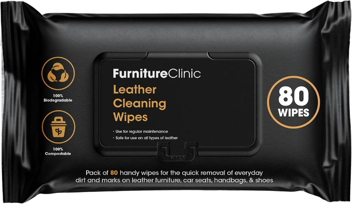 Furniture Clinic Leather Cleaning Wipes | 80 Count | Clean & Restore Leather & Vinyl Furniture, Handbags, Jackets, Car Seats, Interiors & More | Residue & Streak-Free | for Everyday Use