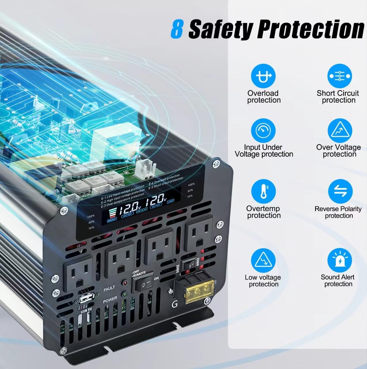 5000W Power Inverter 12V to 110V/120V DC to AC with LCD Display, Remote Controller and 4 x AC Outlets Car Adapter for Car Truck Boat RV Off Grid Solar System