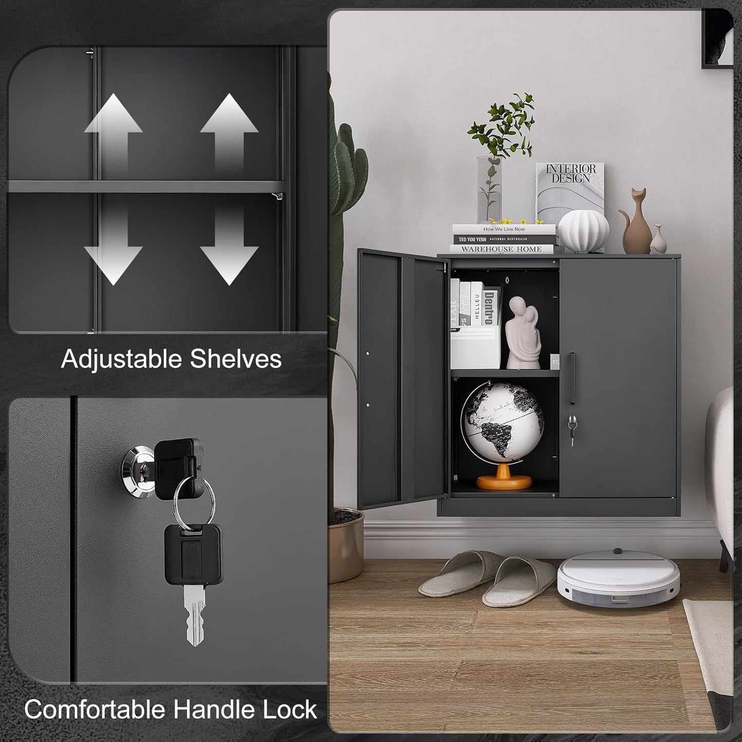 LUCYPAL Metal Storage Cabinets with 2 Doors and Handle,Steel Locking Storage Cabinet with Adjustable Shelves,Tool Cabinet for Office,Home, Garage (Black)