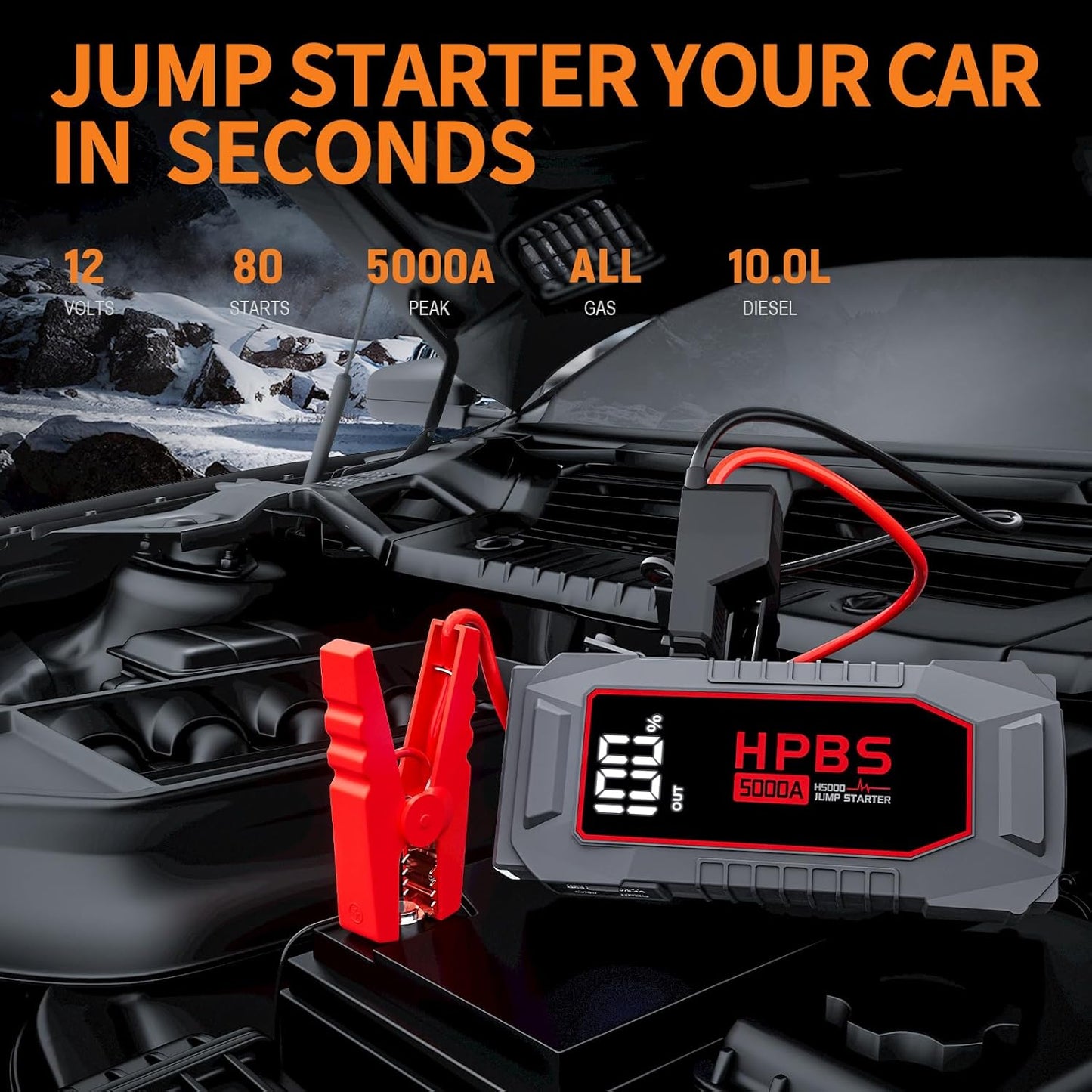 Car Jump Starter - 5000A Peak Jump Starter Battery Pack for Up to All Gas and 10.0 L Diesel Engines, 12V Portable Battery Jump Starter with 3.0" LCD Display
