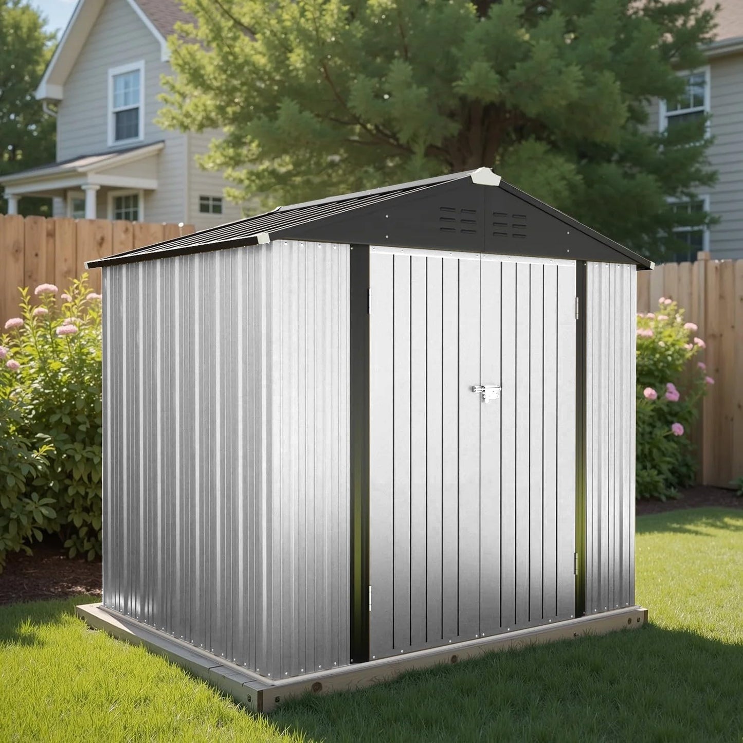 Greesum 8×6FT Outdoor Storage Shed, Metal Patio Storaged Sheds with Lockable Doors, Sheds & Outdoor Storage for Bike, Backyard, Pool and Garden, White