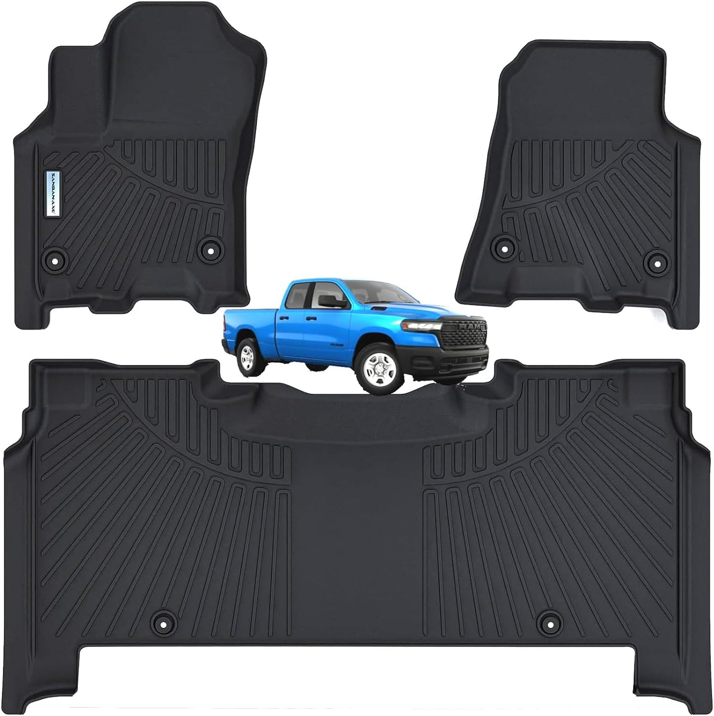 SANBAN Floor Liners for 2025 Dodge Ram 1500 Crew Cab（Rear with Under-Seat Factory Storage）,TPE All Weather Protection 2 Rows Car Floor Mats.