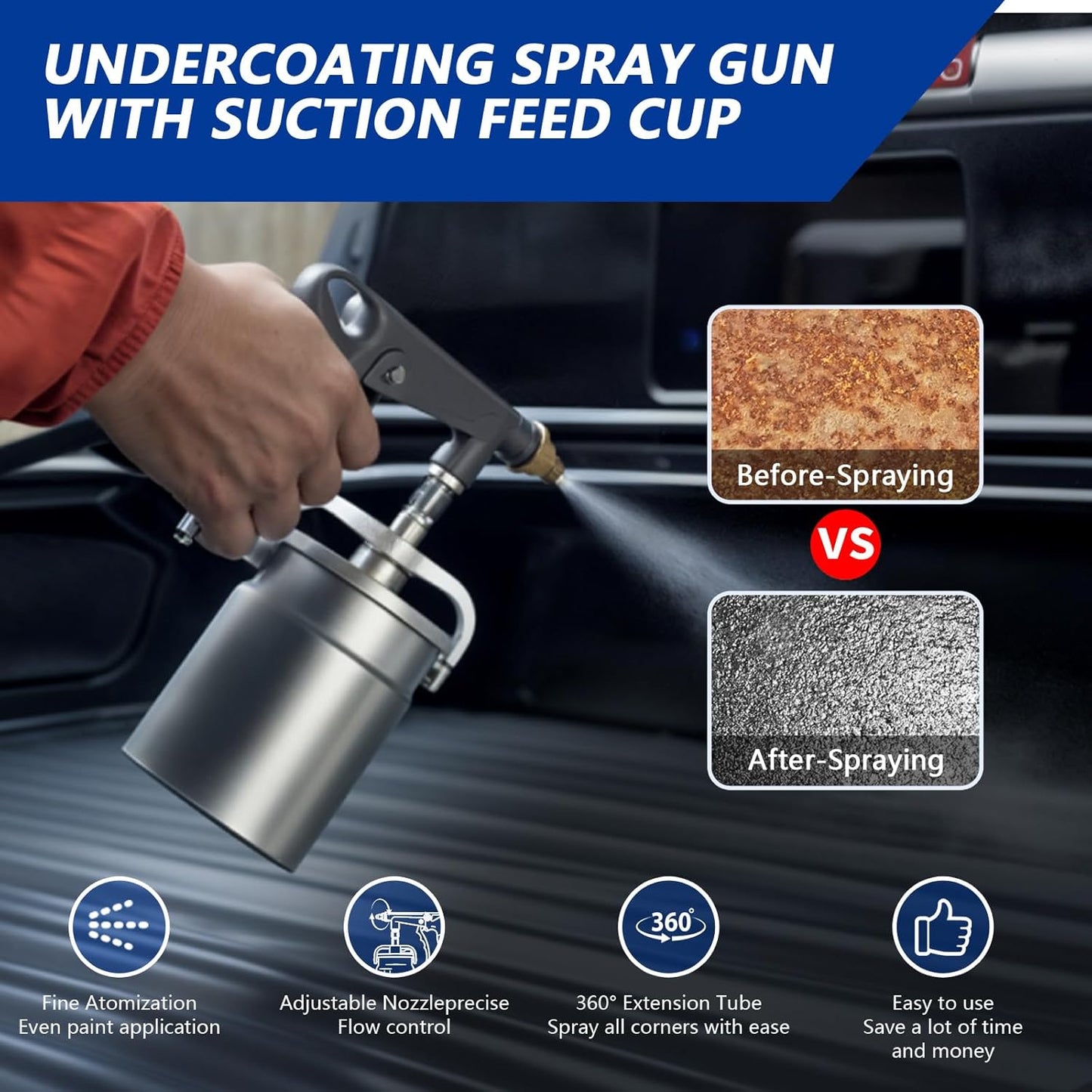 Undercoating Spray Gun Kit, Undercoating Gun for Vehicles, Truck Bed Liner Coating, Rubberized Undercoat, Car Rust Proofing Bedliner Under Coating Gun with Suction Feed Cup & Straight Spray Hose