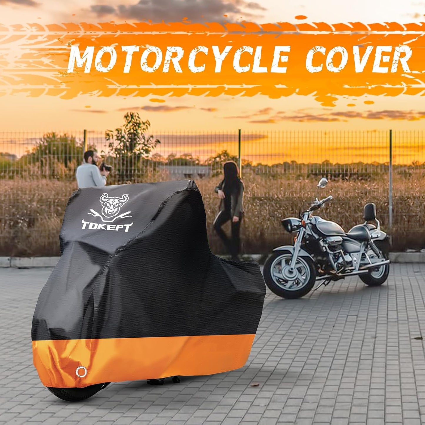 Motorcycle Cover, All-Season Waterproof Outdoor Sun Protection Fit up to 91 Inch Harley-Davidson Honda Suzuki Kawasaki Yamaha (L Black&Orange)