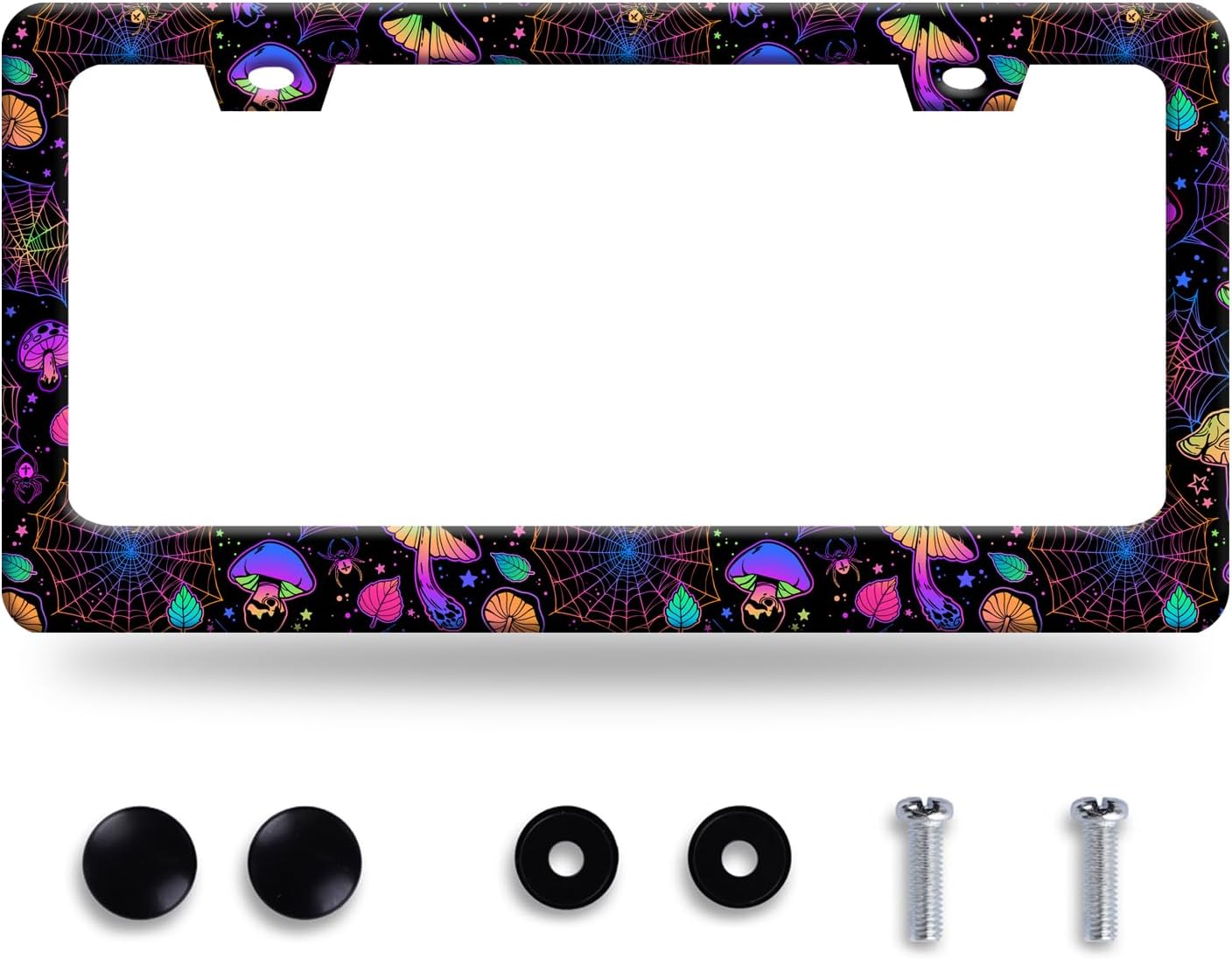 Hippie Mushroom License Plate Frame Mushrooms License Plate Stainless Steel Funny License Plate Holder Colorful Car Accessory with Screws Car Decoration 12.3" x 6.3" for Men Women