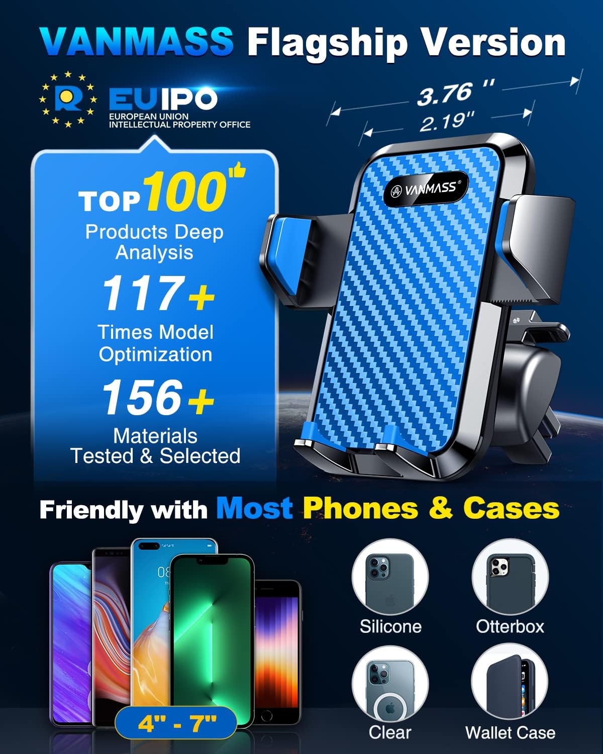 VANMASS Universal Car Phone Mount,【Patent & Safety Certs】 Upgraded Handsfree Stand, Phone Holder for Car Dashboard Windshield Vent, Compatible iPhone 13 12 11 Pro Max Xs XR X 8, Galaxy (Blue)